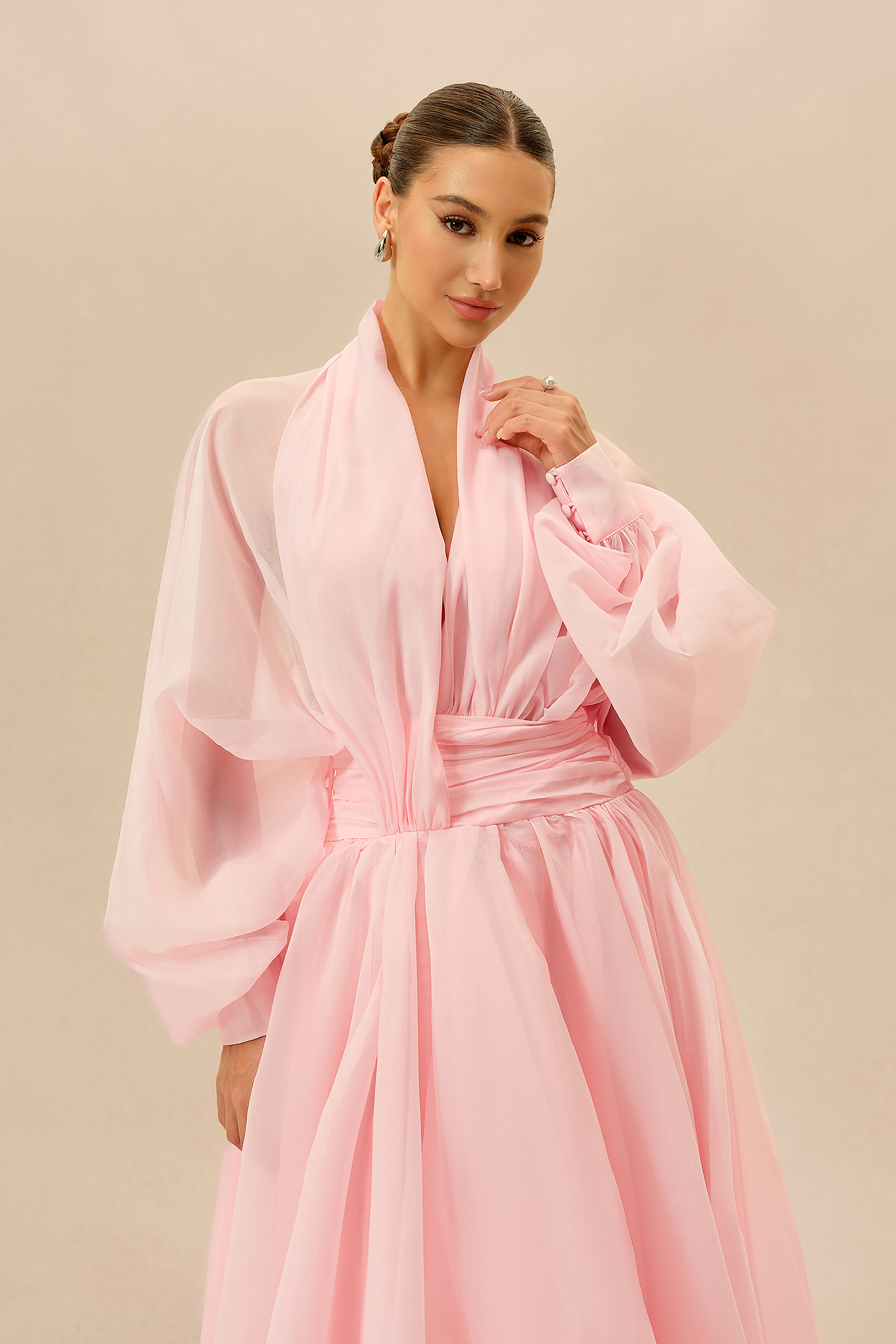 Elegant Moment Pink Deep V-neck Puff Sleeve Maxi Dress