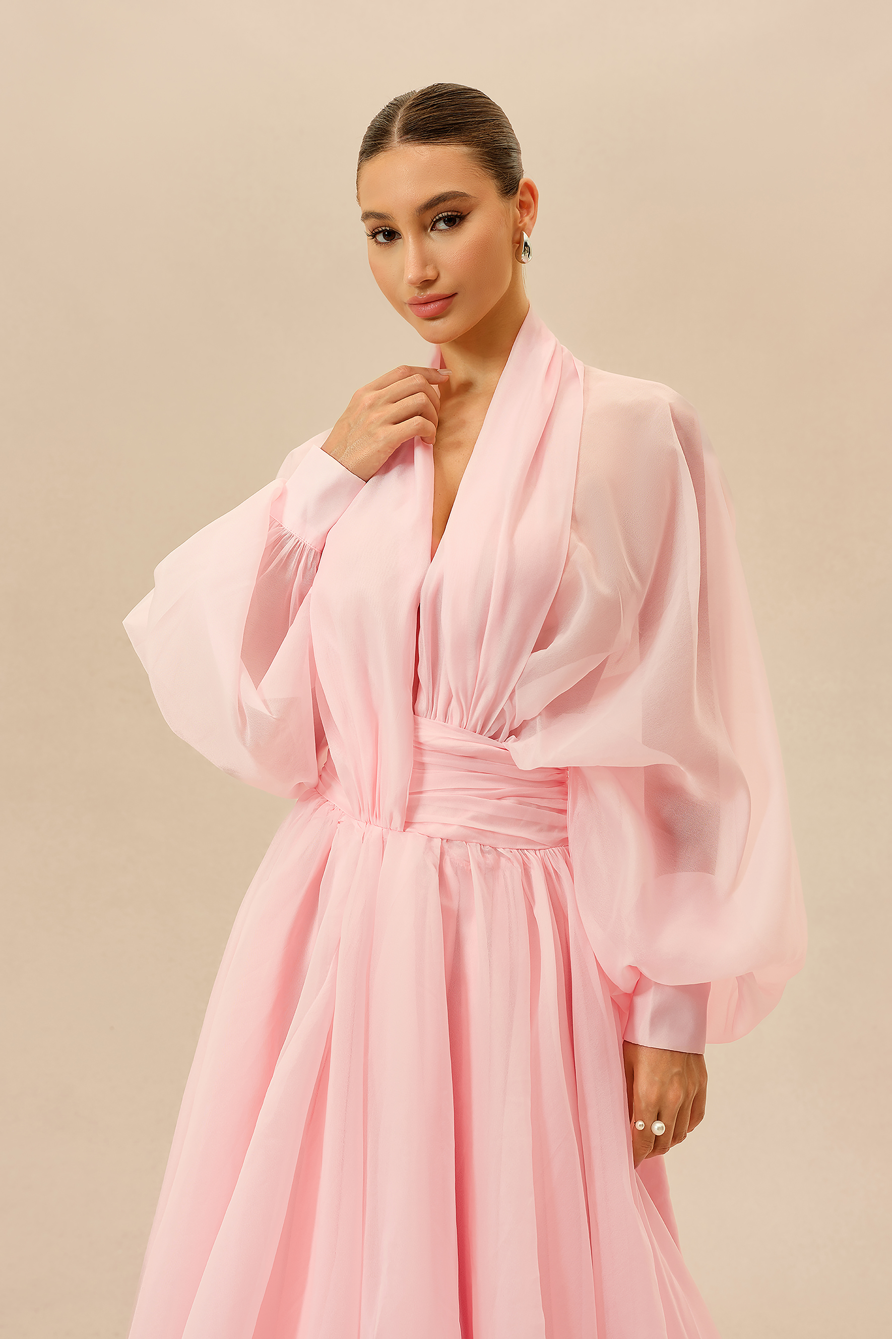 Elegant Moment Pink Deep V-neck Puff Sleeve Maxi Dress