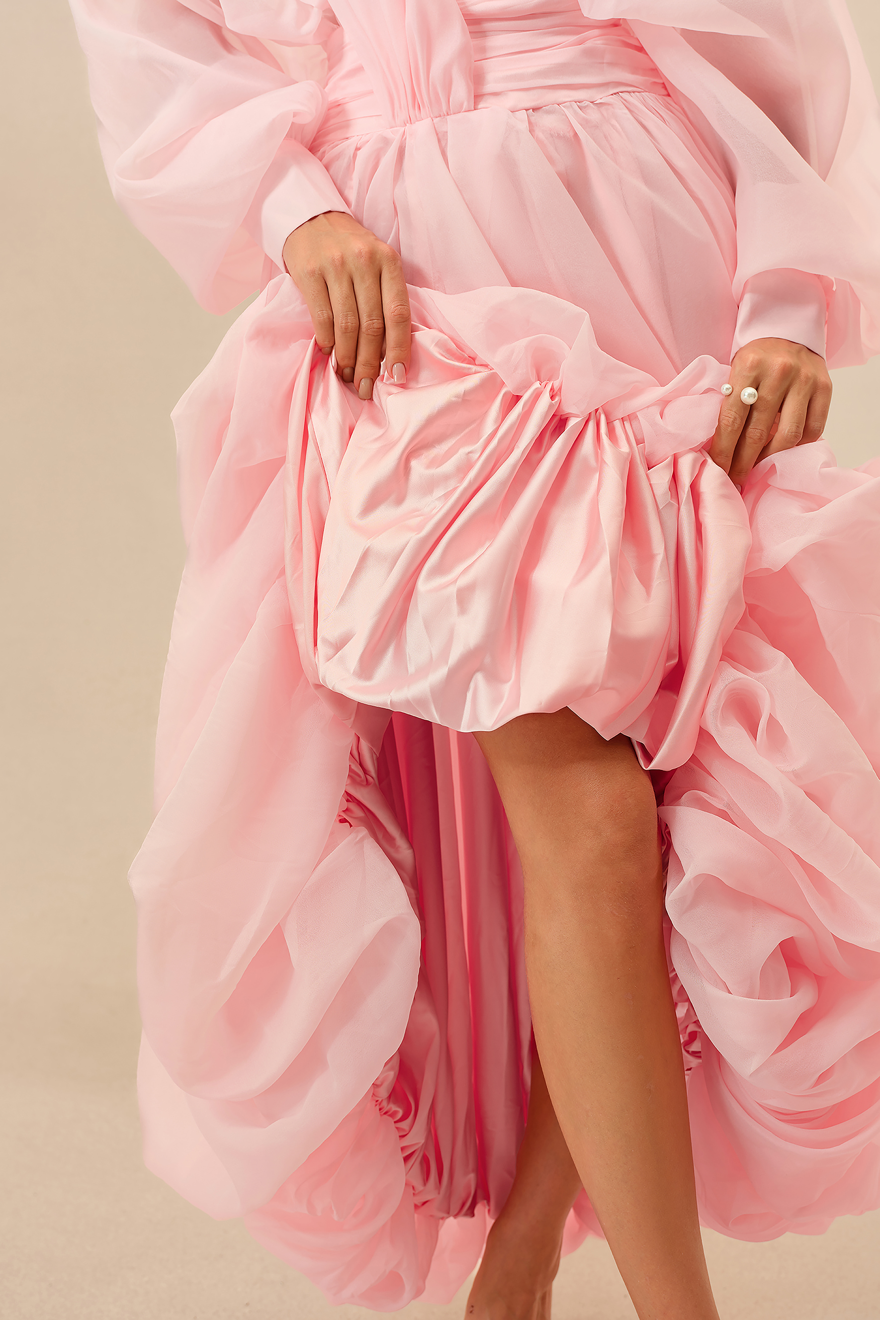 Elegant Moment Pink Deep V-neck Puff Sleeve Maxi Dress