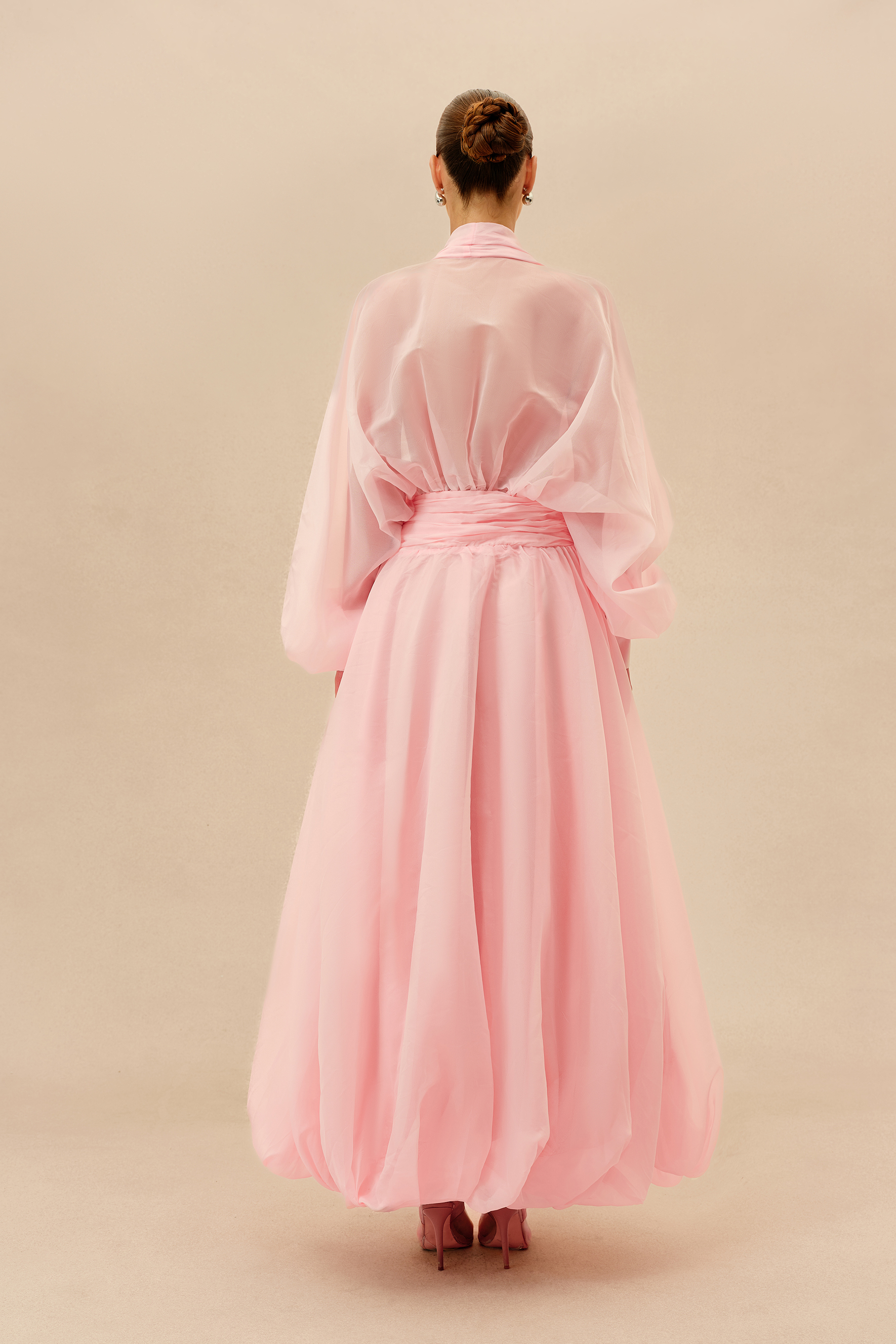 Elegant Moment Pink Deep V-neck Puff Sleeve Maxi Dress