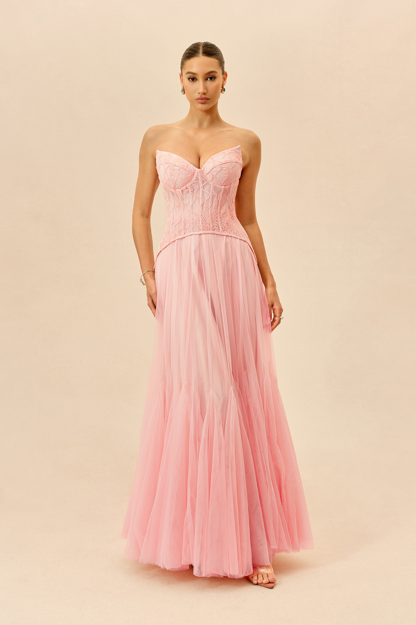 Lovely Little Thing Pink Lace Bustier Organza Maxi Dress