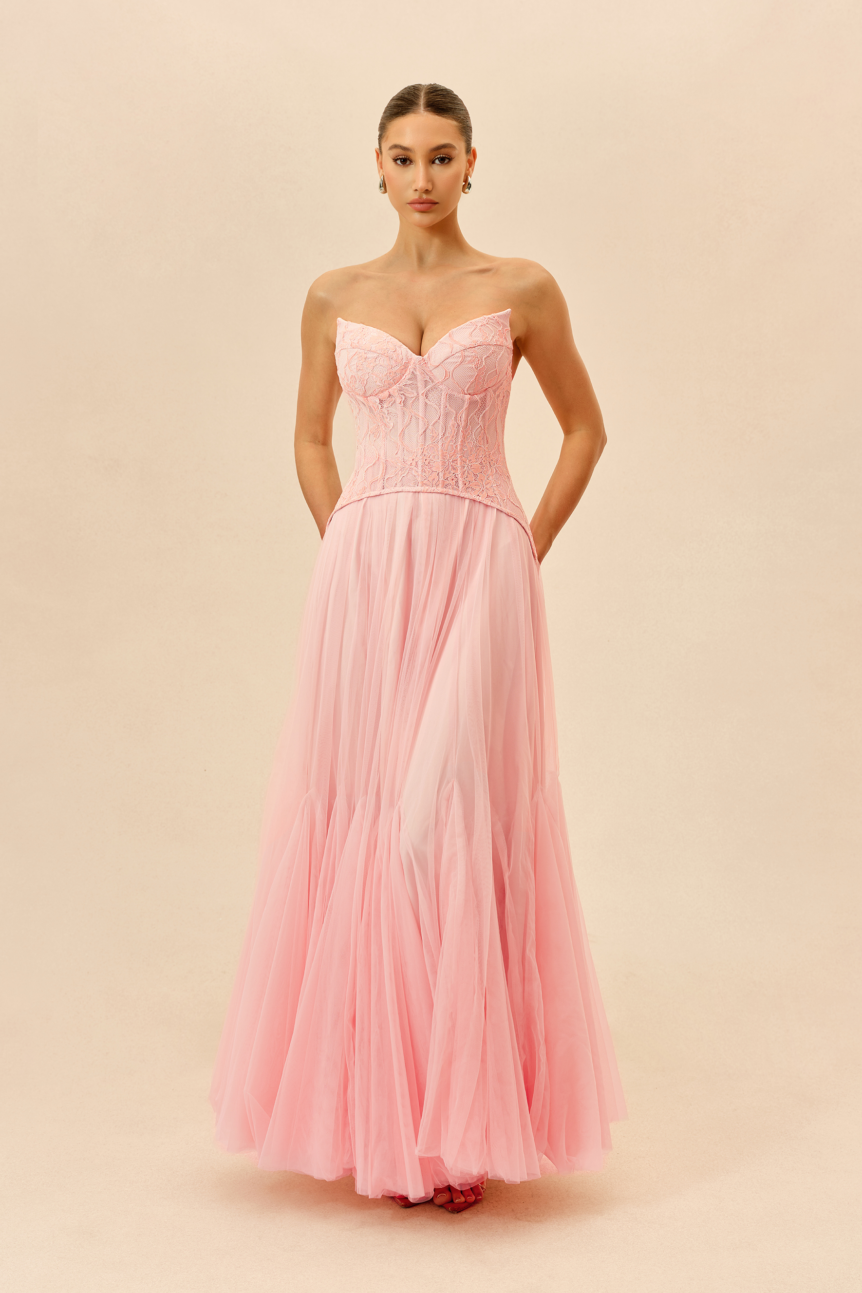 Lovely Little Thing Pink Lace Bustier Organza Maxi Dress
