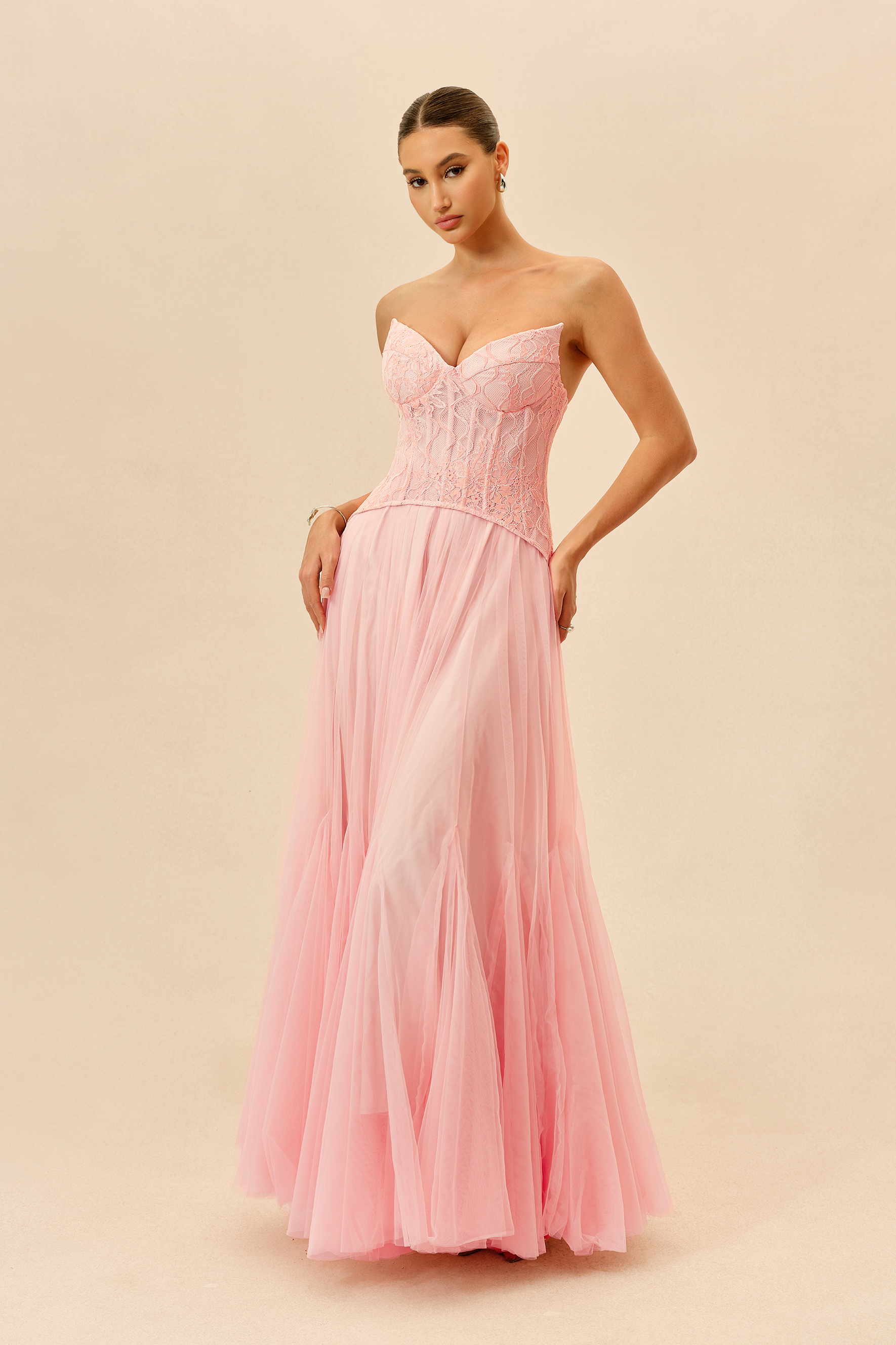 Lovely Little Thing Pink Lace Bustier Organza Maxi Dress