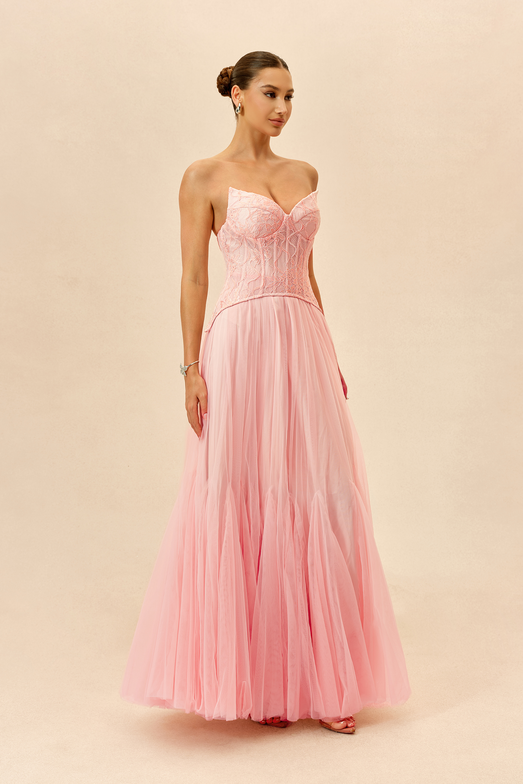 Lovely Little Thing Pink Lace Bustier Organza Maxi Dress