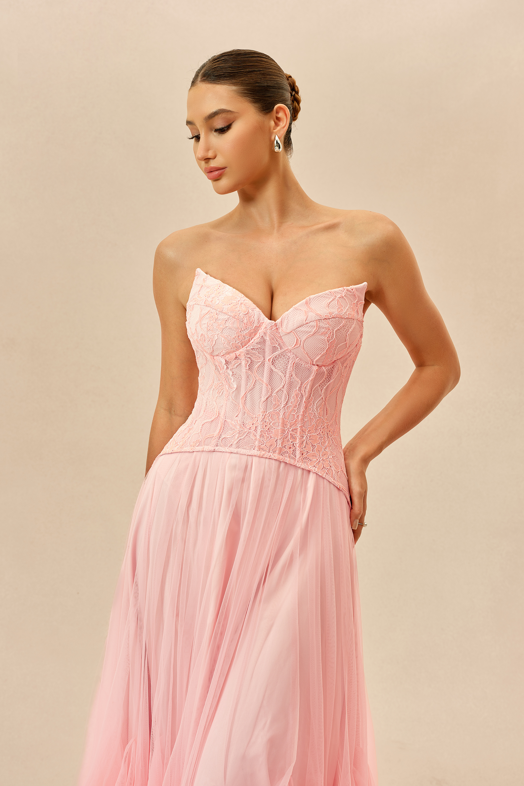 Lovely Little Thing Pink Lace Bustier Organza Maxi Dress