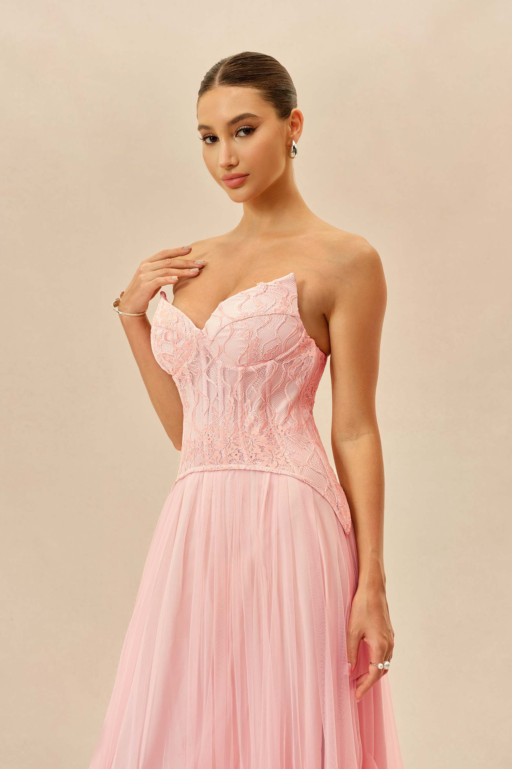 Lovely Little Thing Pink Lace Bustier Organza Maxi Dress