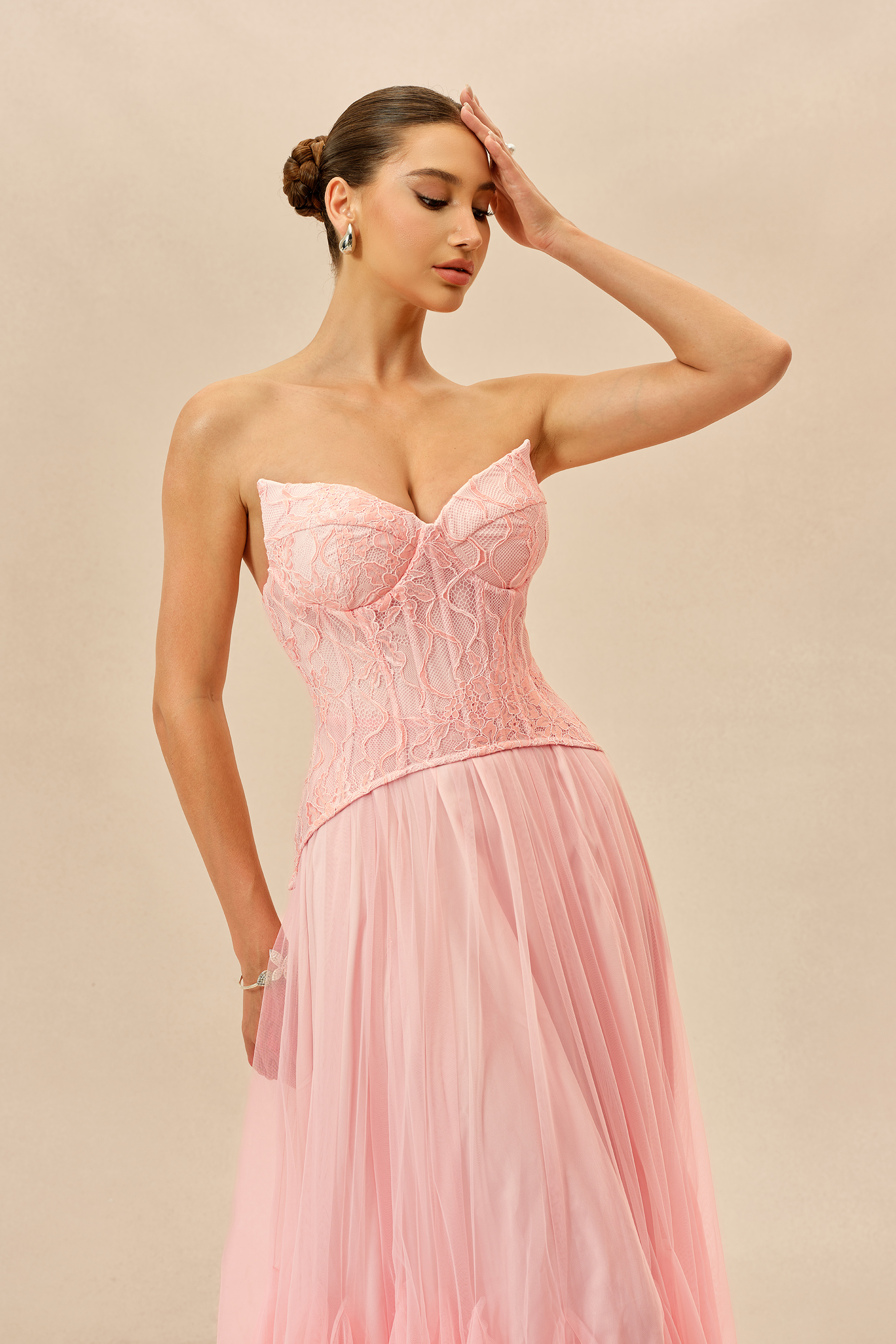 Lovely Little Thing Pink Lace Bustier Organza Maxi Dress
