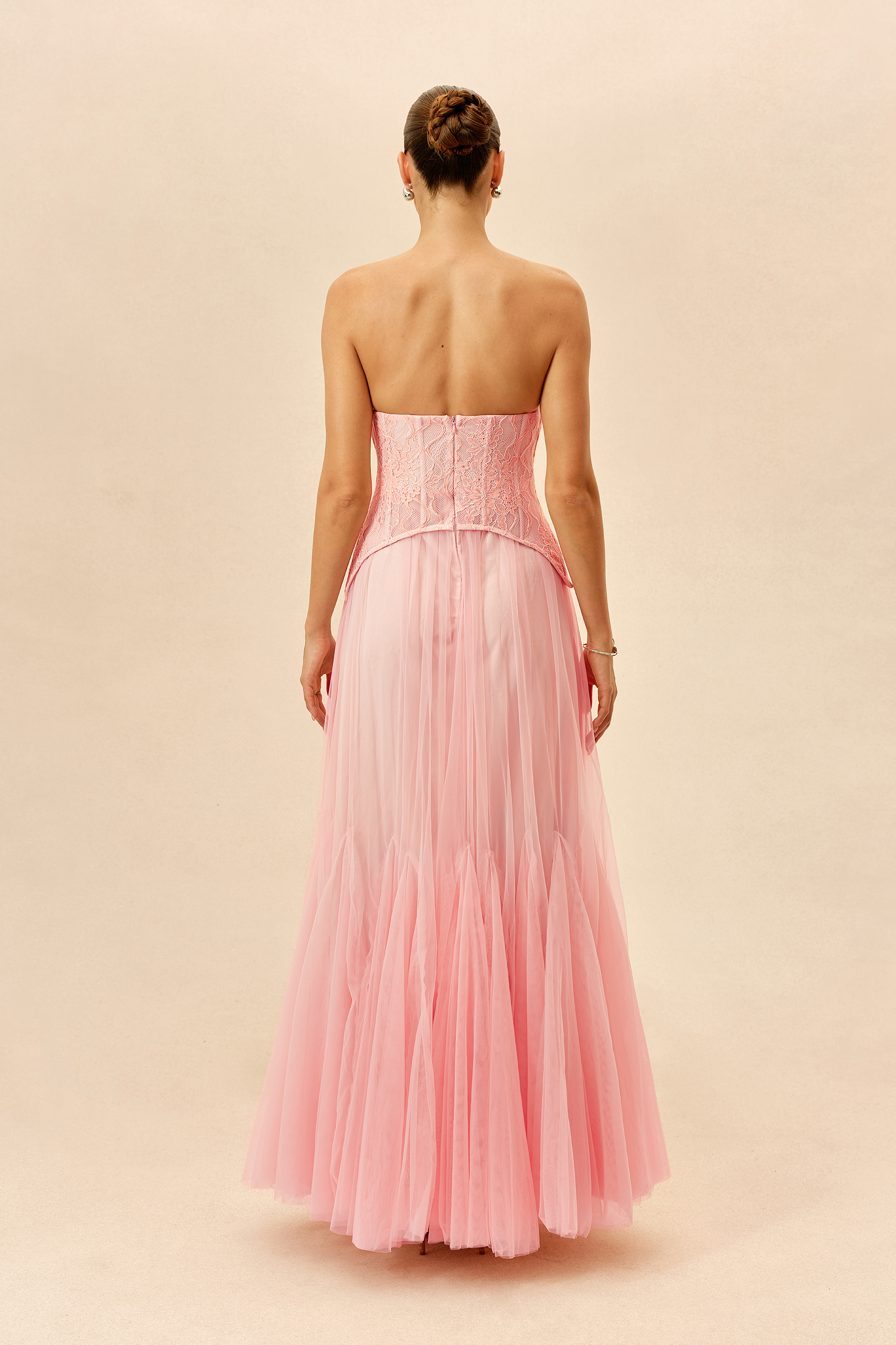 Lovely Little Thing Pink Lace Bustier Organza Maxi Dress