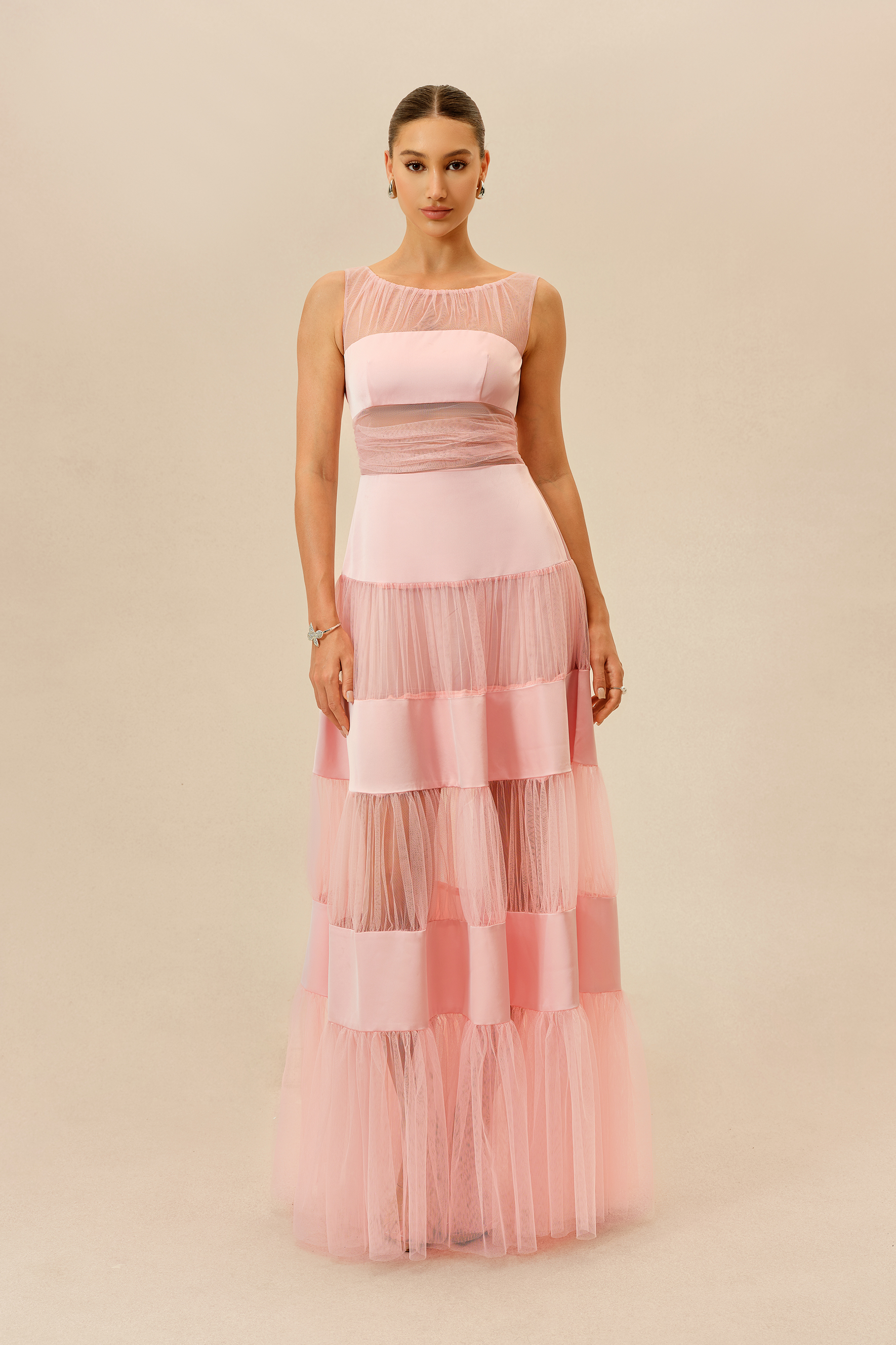 Lovely Daydream Pink Sleevless Tiered Tulle Maxi Dress