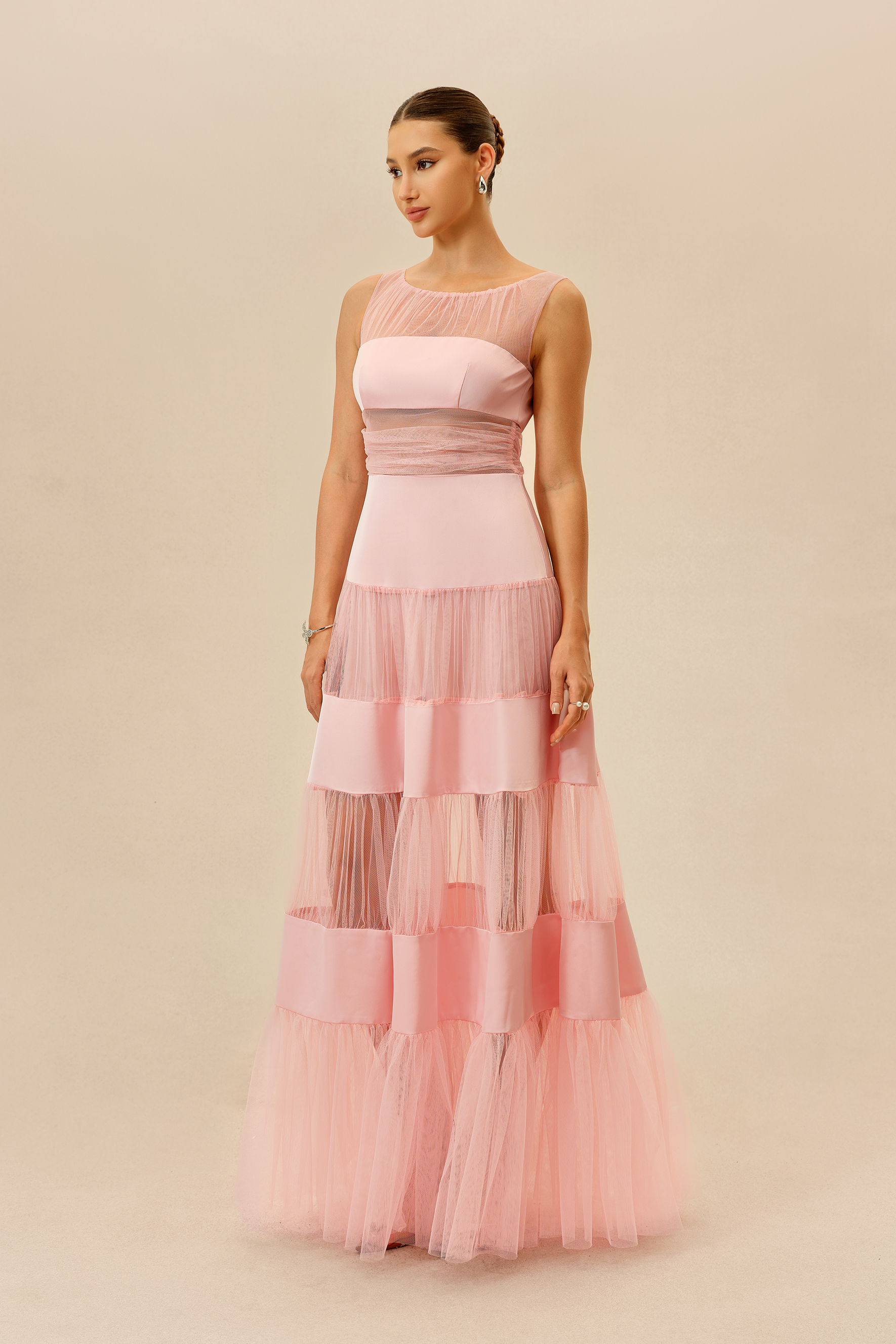 Lovely Daydream Pink Sleevless Tiered Tulle Maxi Dress