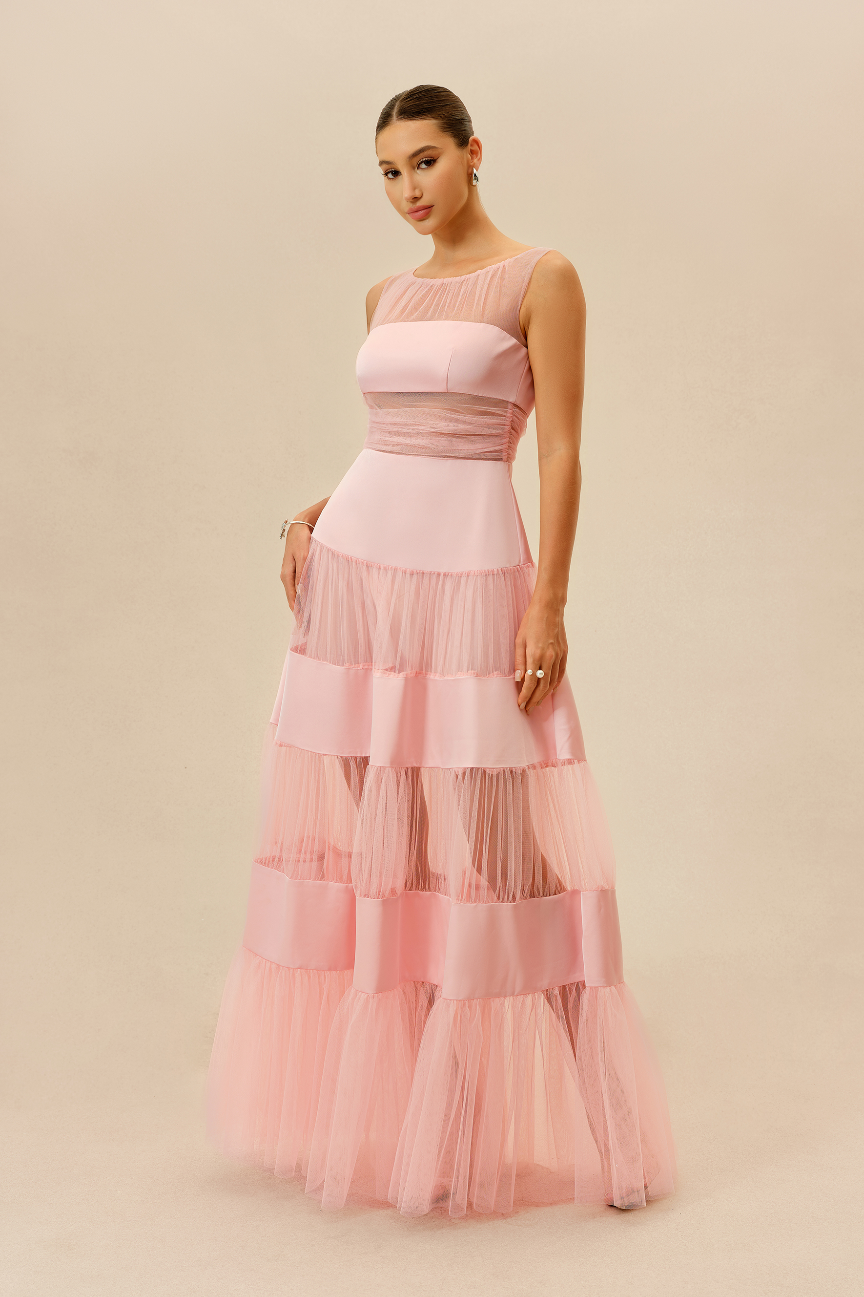 Lovely Daydream Pink Sleevless Tiered Tulle Maxi Dress