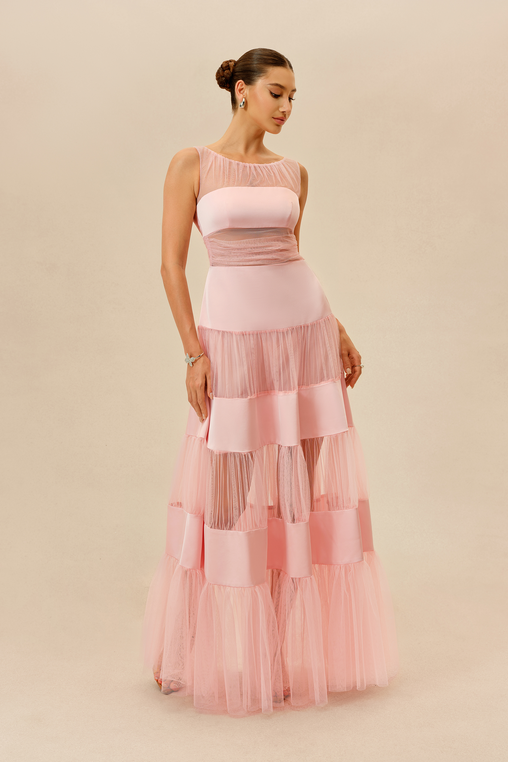 Lovely Daydream Pink Sleevless Tiered Tulle Maxi Dress