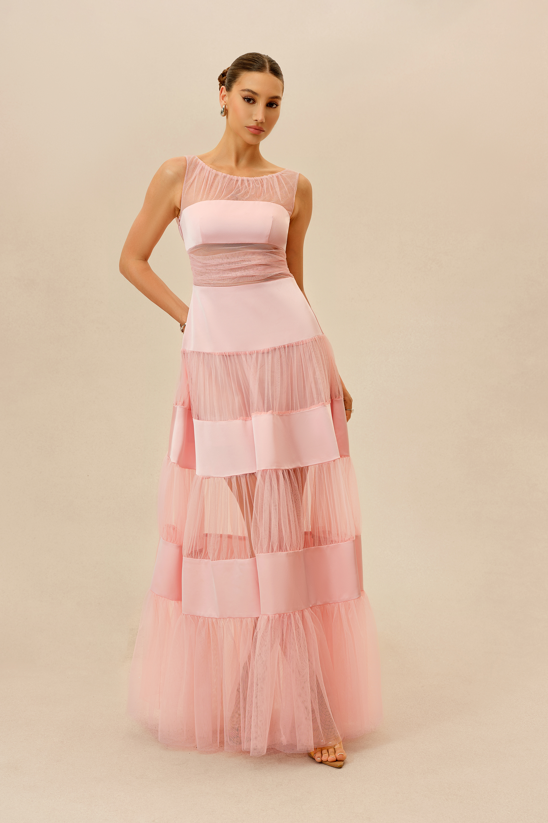 Lovely Daydream Pink Sleevless Tiered Tulle Maxi Dress
