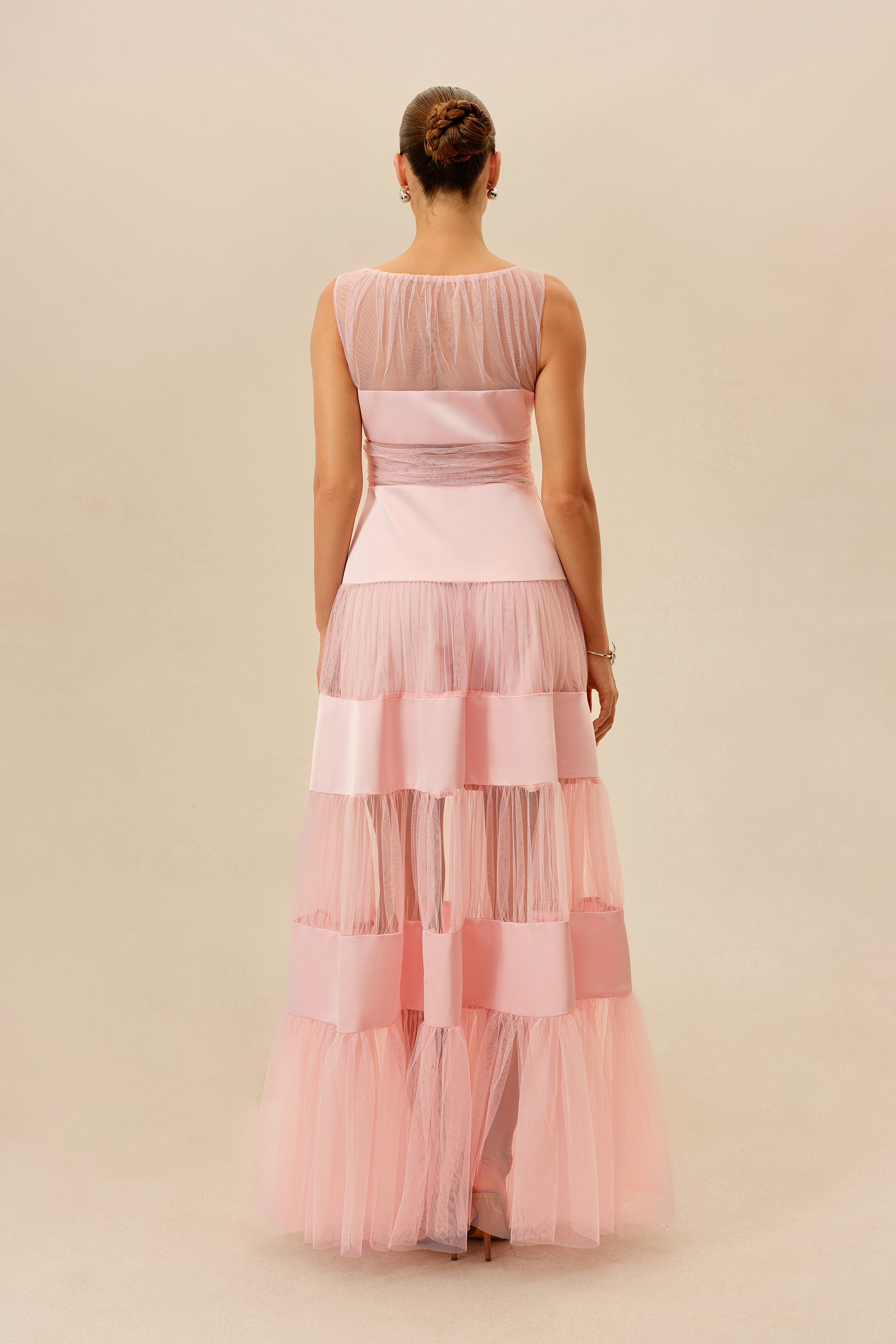 Lovely Daydream Pink Sleevless Tiered Tulle Maxi Dress