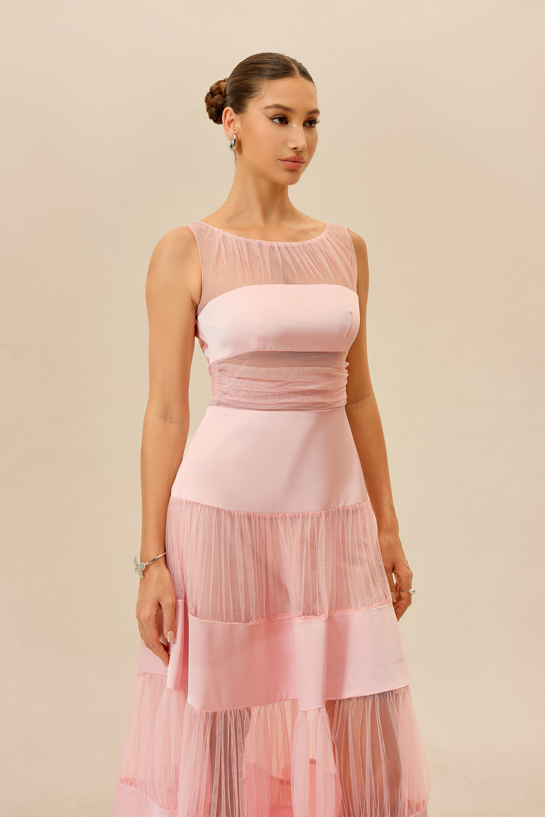 Lovely Daydream Pink Sleevless Tiered Tulle Maxi Dress