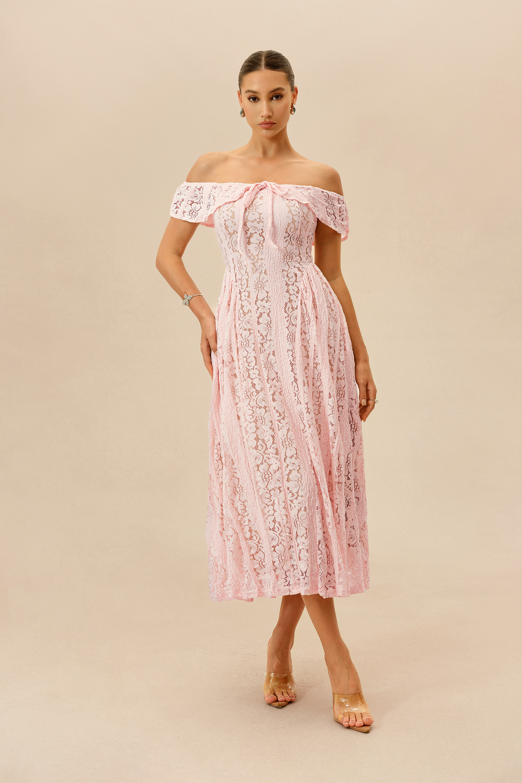 Lovely Encounter Pink Off Shoulder Lace Midi Dress