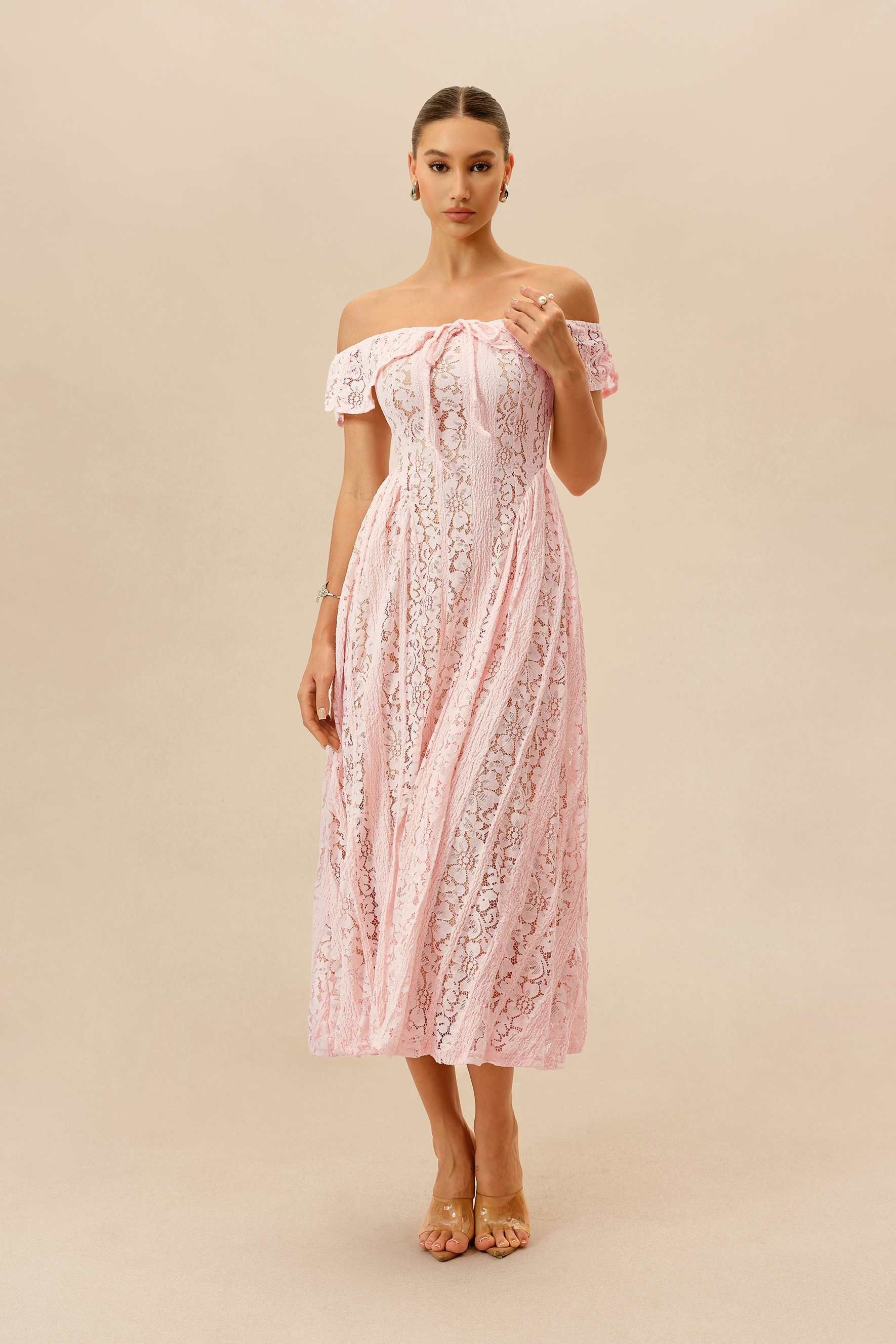 Lovely Encounter Pink Off Shoulder Lace Midi Dress