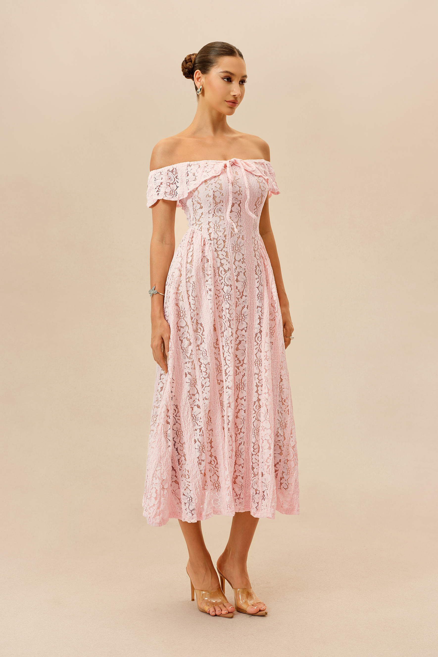 Lovely Encounter Pink Off Shoulder Lace Midi Dress