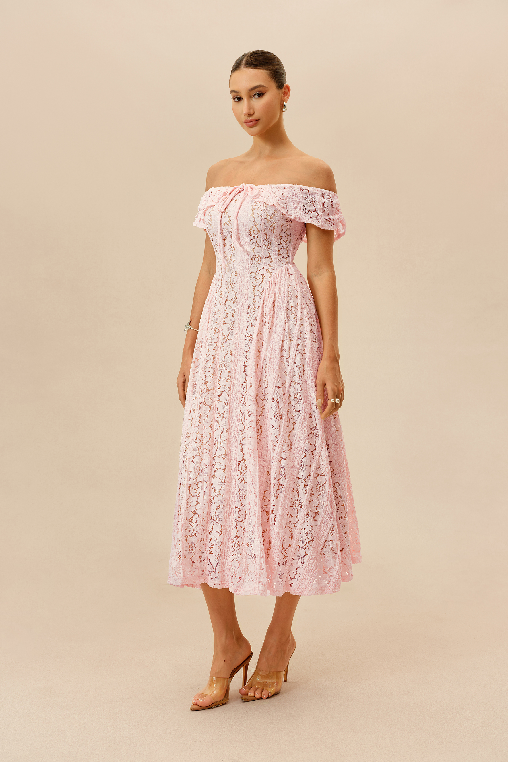 Lovely Encounter Pink Off Shoulder Lace Midi Dress