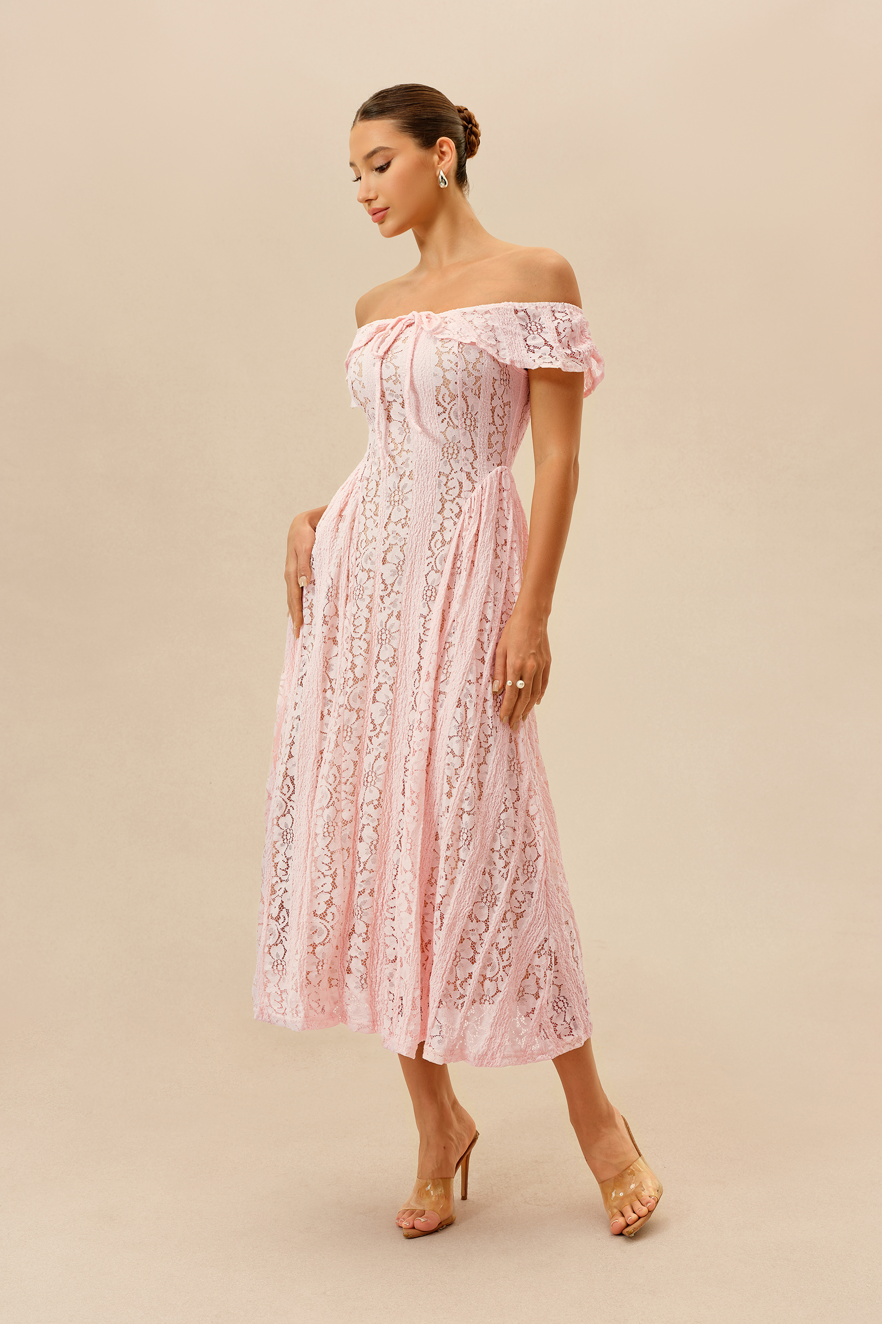 Lovely Encounter Pink Off Shoulder Lace Midi Dress