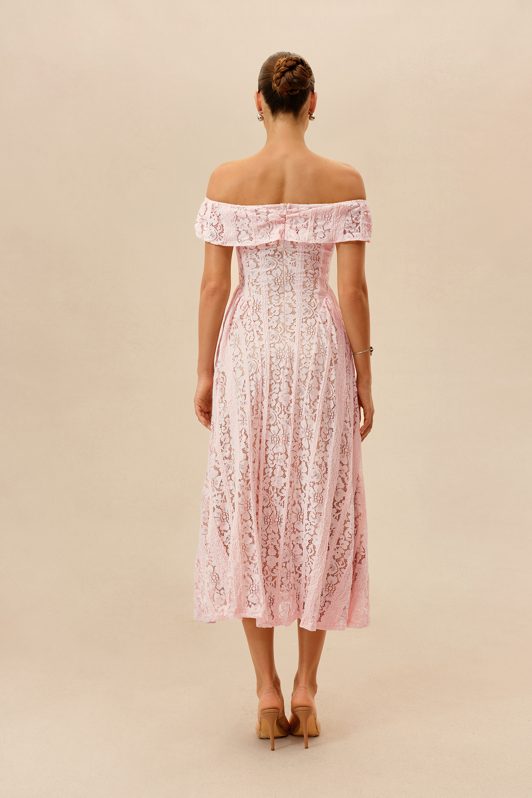 Lovely Encounter Pink Off Shoulder Lace Midi Dress