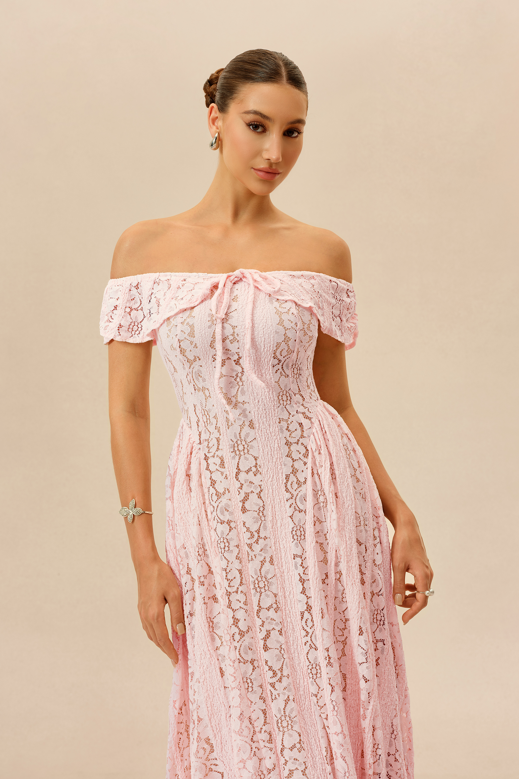 Lovely Encounter Pink Off Shoulder Lace Midi Dress