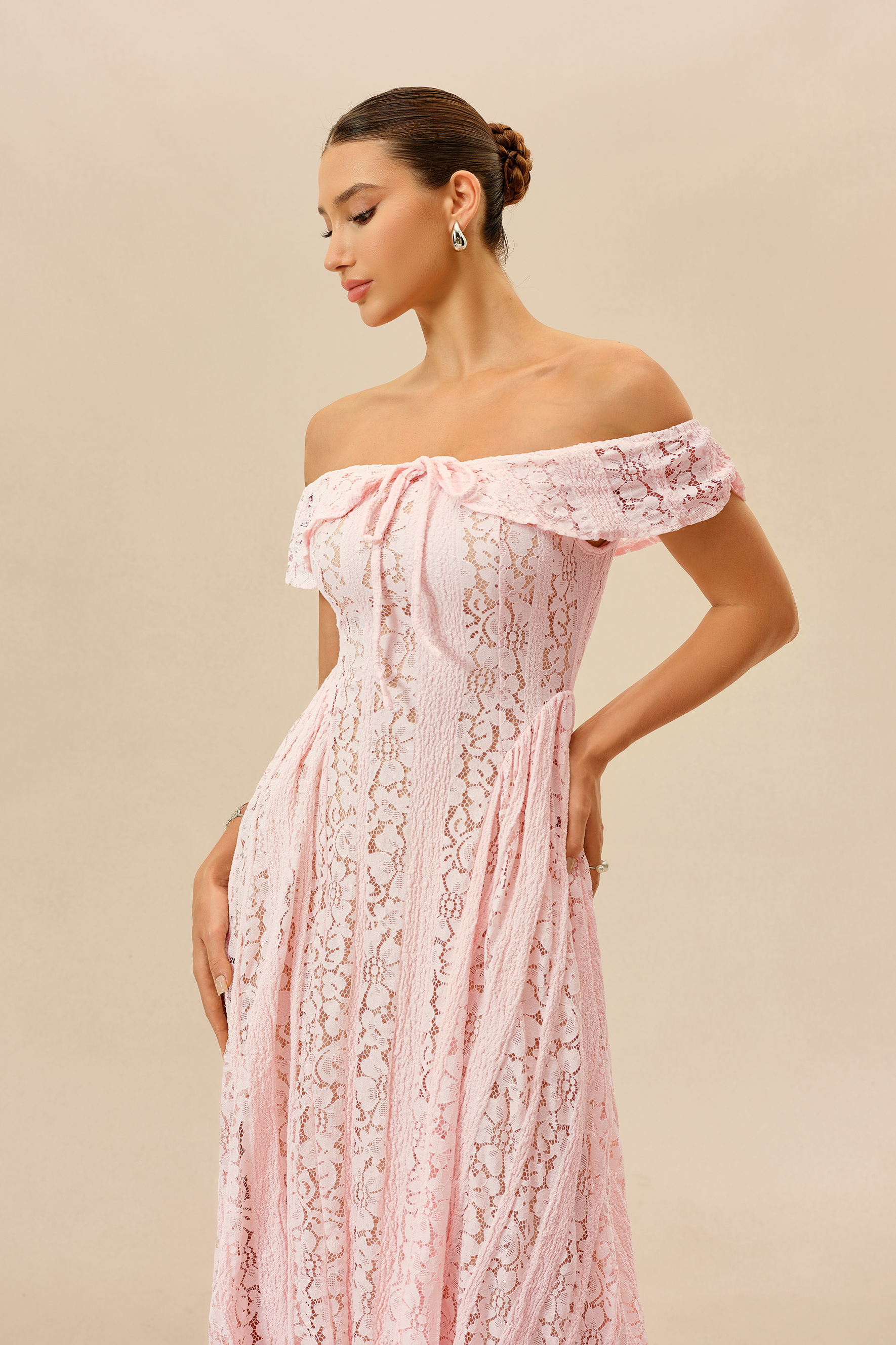 Lovely Encounter Pink Off Shoulder Lace Midi Dress