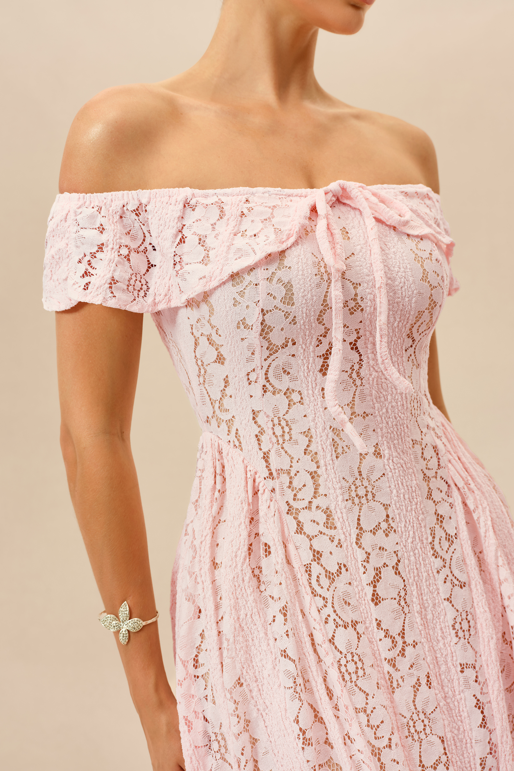 Lovely Encounter Pink Off Shoulder Lace Midi Dress