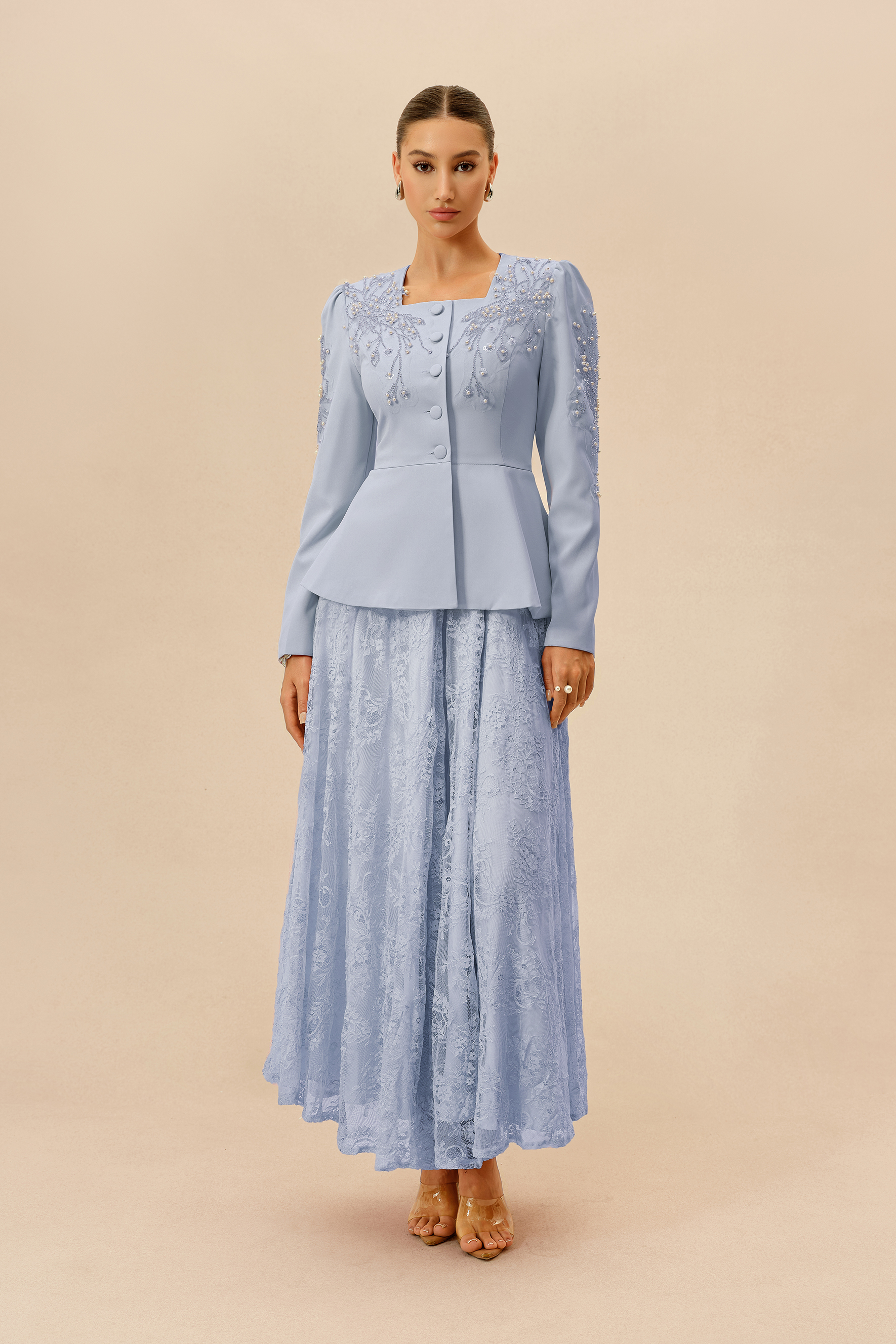 Special Invitation Blue Pearl Embellished Jacket & Lace Dress Set