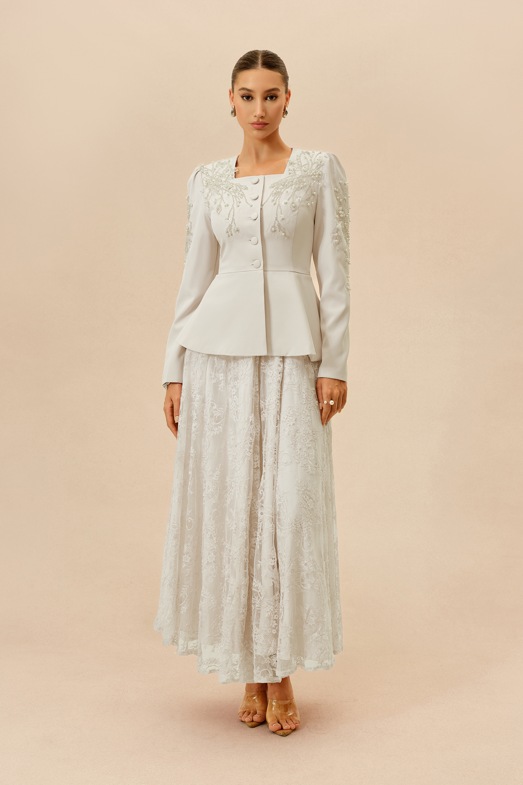 Special Invitation Beige Pearl Embellished Jacket & Lace Dress Set