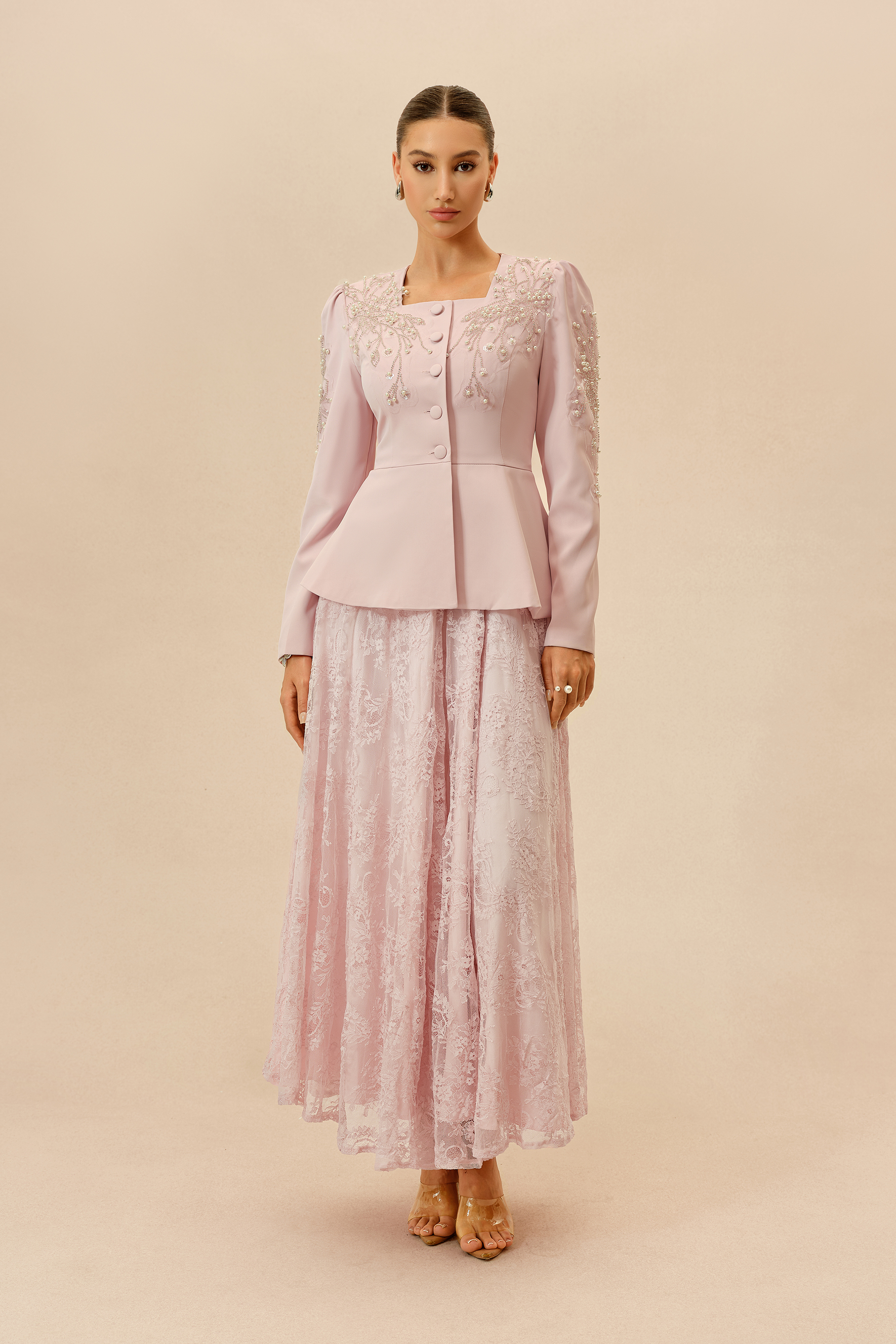 Special Invitation Pink Pearl Embellished Jacket & Lace Dress Set