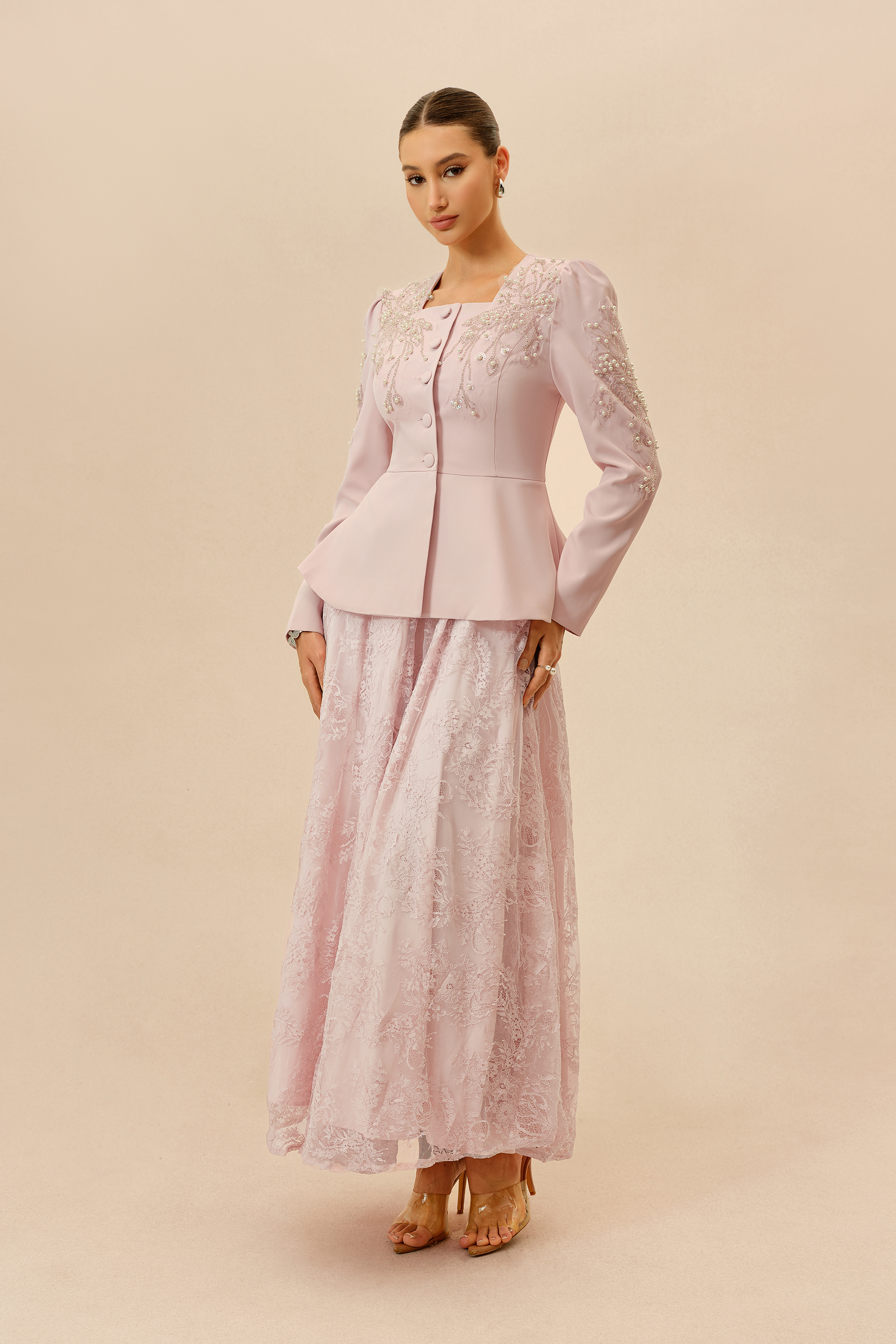 Special Invitation Pink Pearl Embellished Jacket & Lace Dress Set