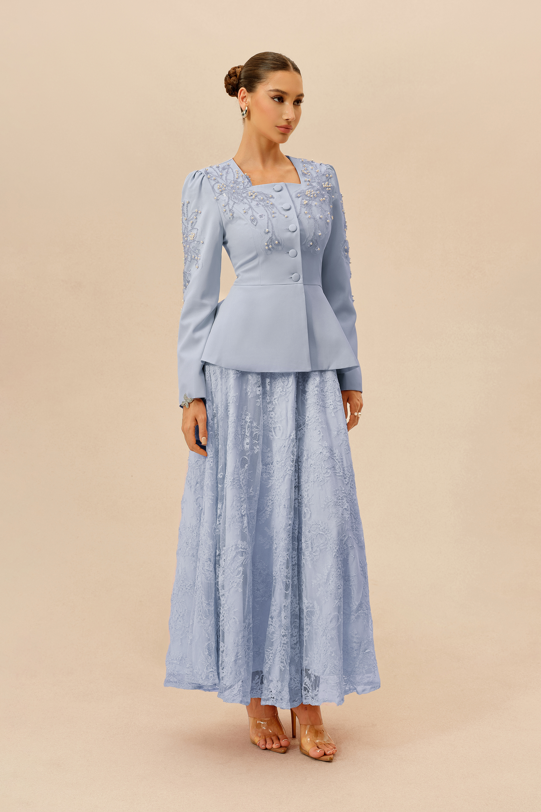 Special Invitation Blue Pearl Embellished Jacket & Lace Dress Set