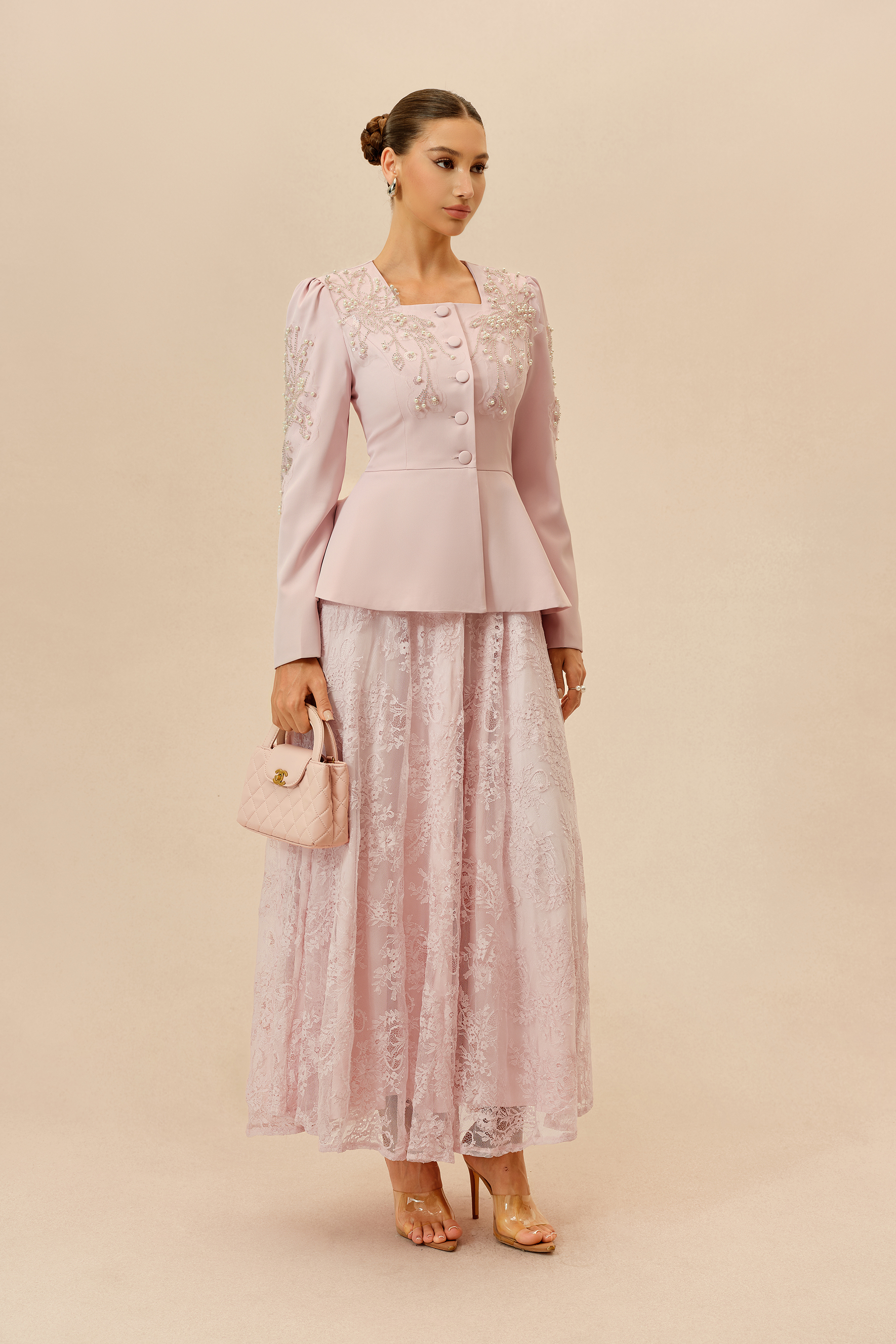 Special Invitation Pink Pearl Embellished Jacket & Lace Dress Set