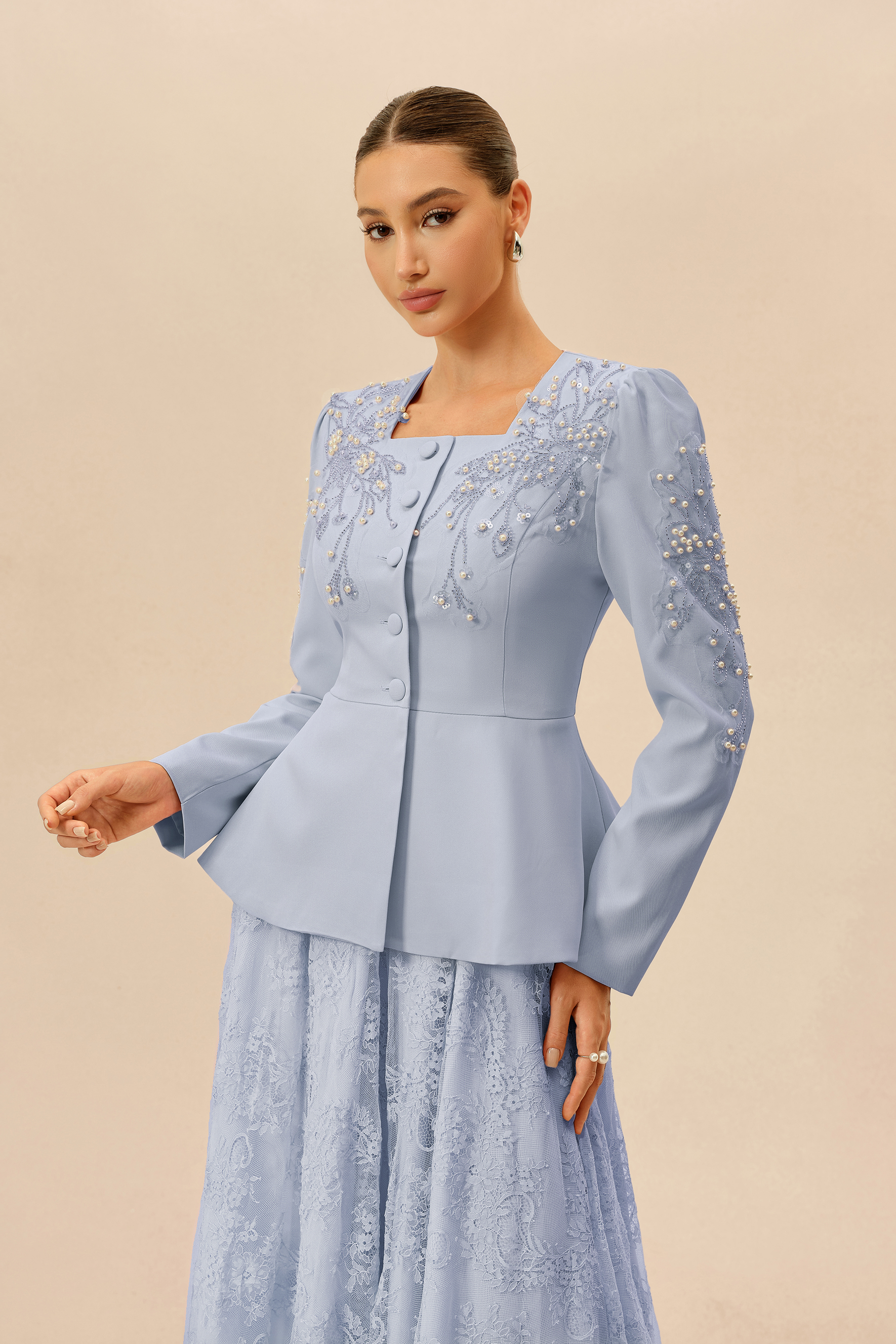 Special Invitation Blue Pearl Embellished Jacket & Lace Dress Set