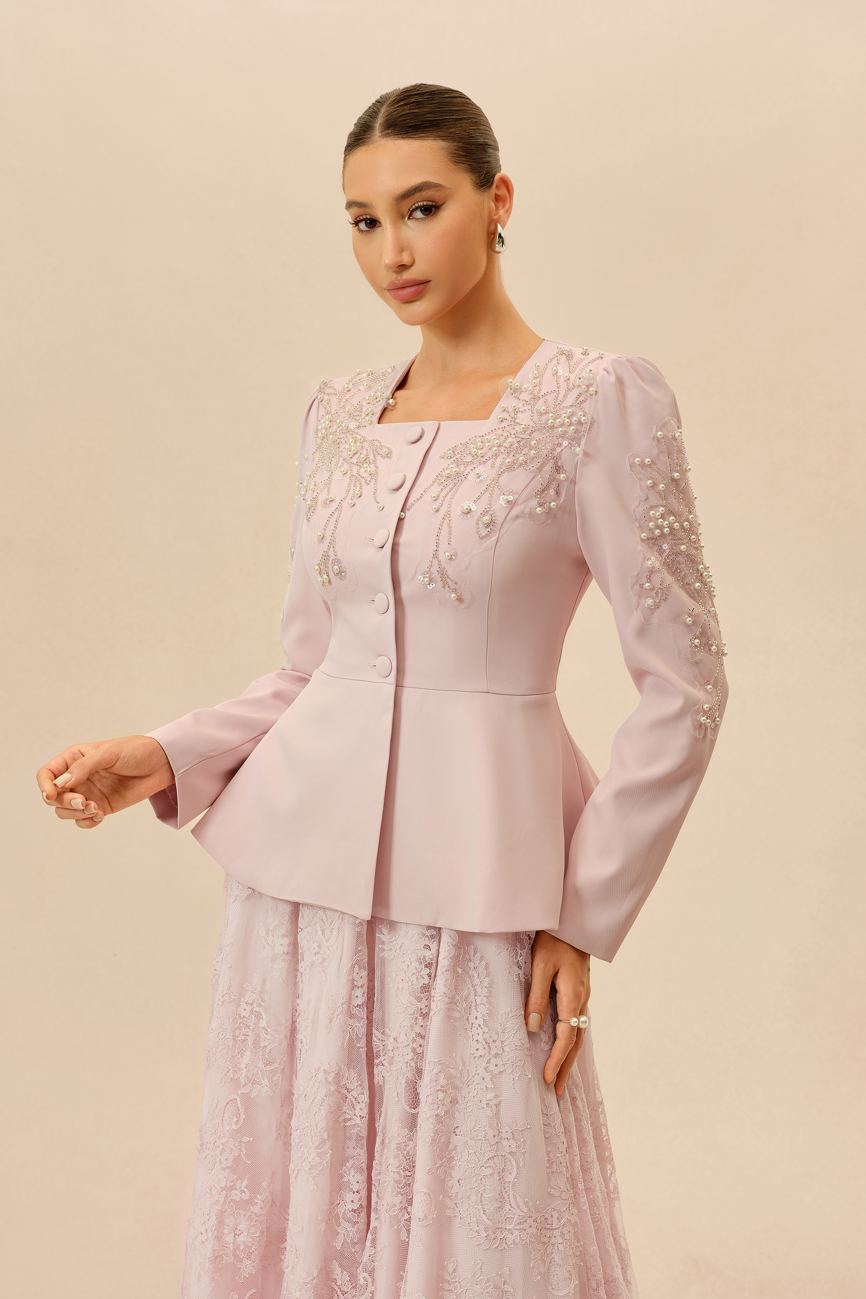 Special Invitation Pink Pearl Embellished Jacket & Lace Dress Set