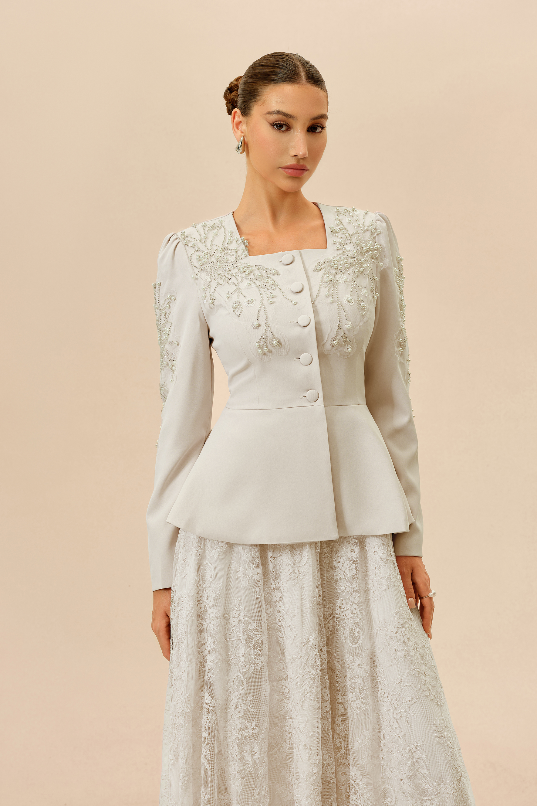 Special Invitation Beige Pearl Embellished Jacket & Lace Dress Set