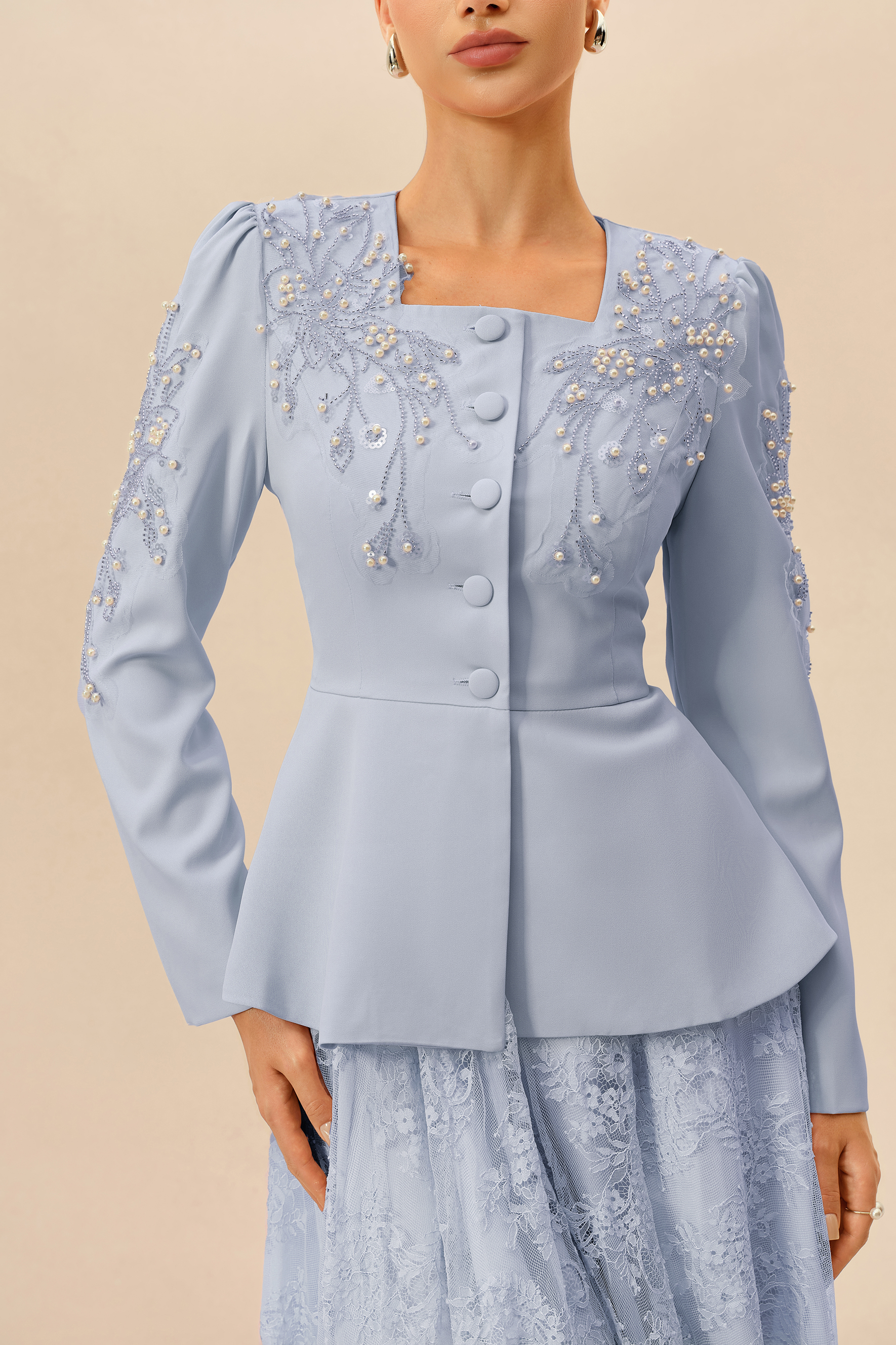 Special Invitation Blue Pearl Embellished Jacket & Lace Dress Set