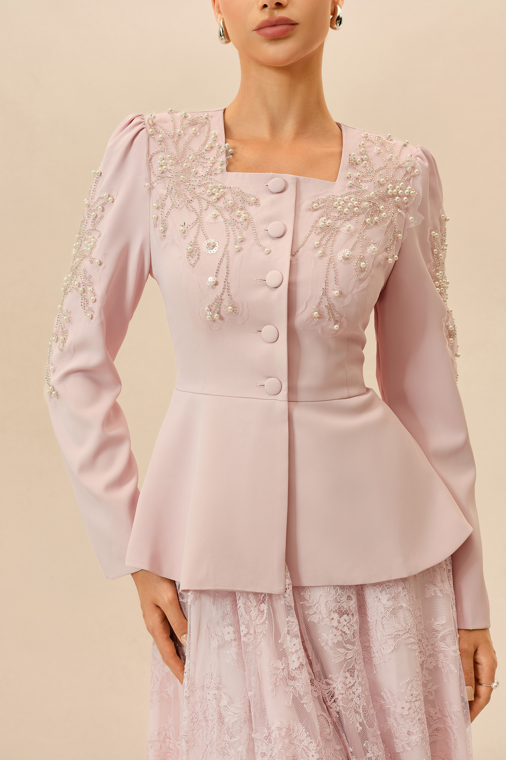 Special Invitation Pink Pearl Embellished Jacket & Lace Dress Set