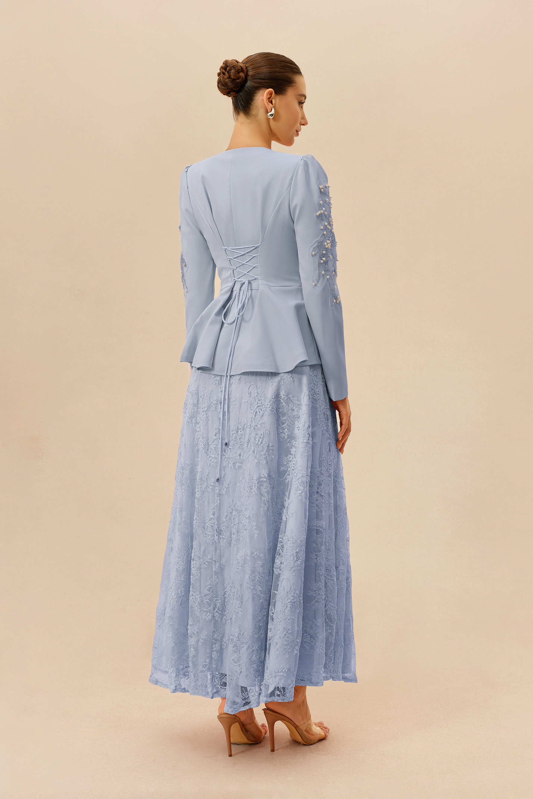 Special Invitation Blue Pearl Embellished Jacket & Lace Dress Set