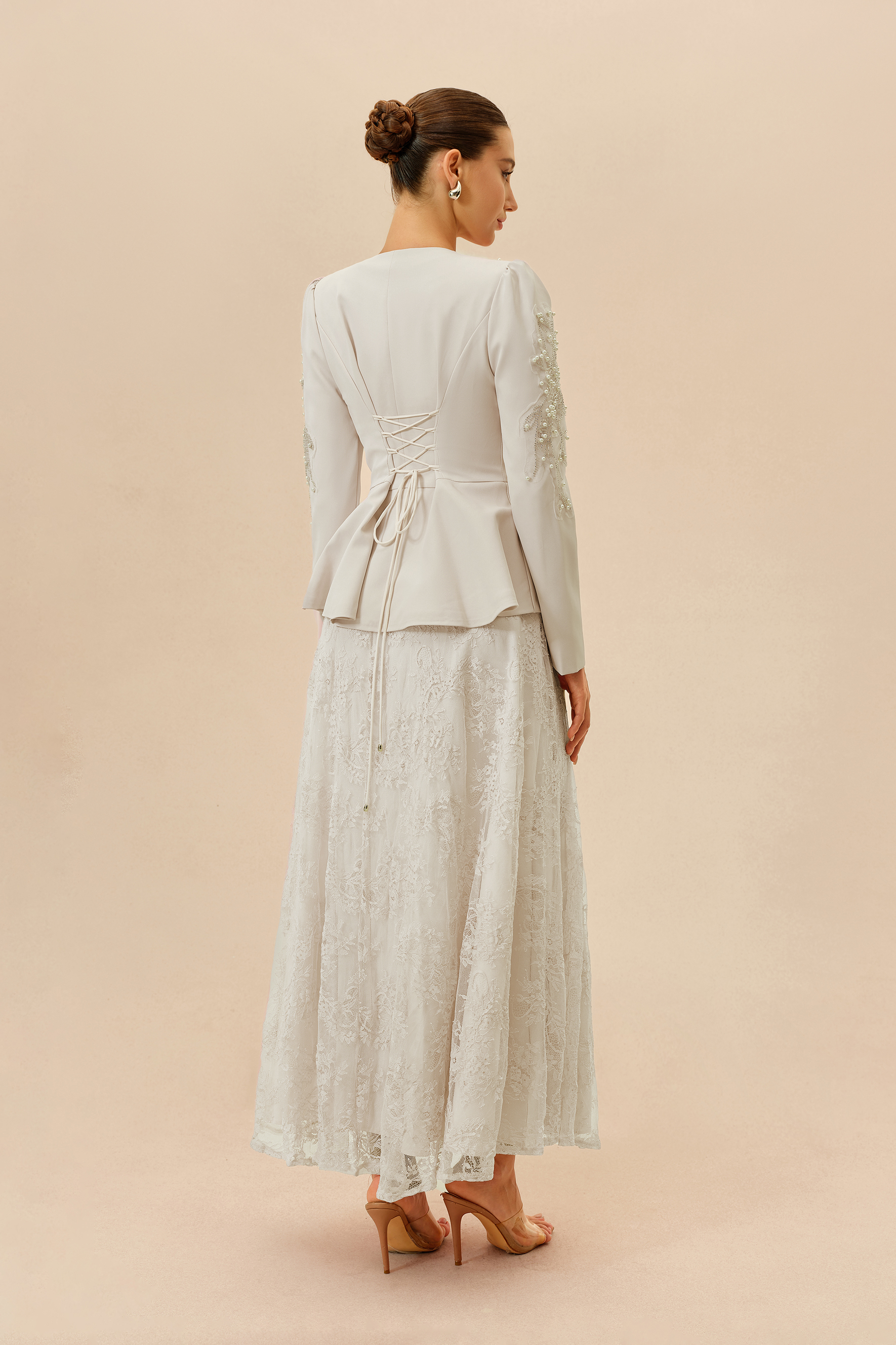 Special Invitation Beige Pearl Embellished Jacket & Lace Dress Set