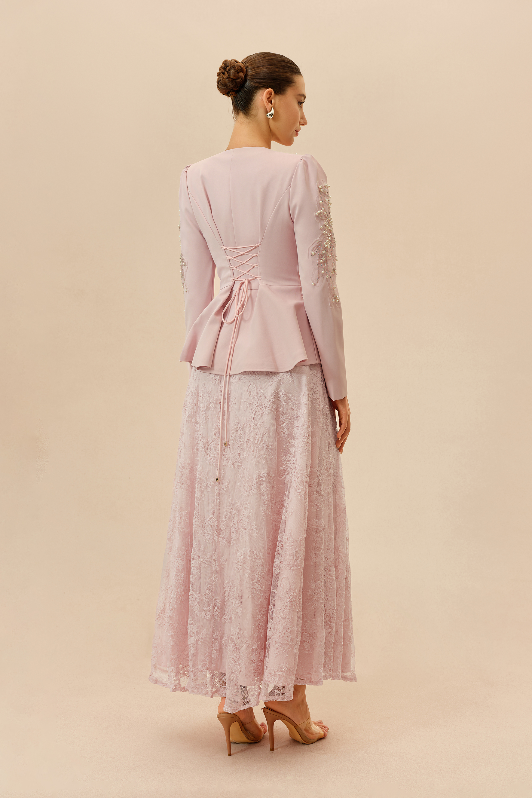 Special Invitation Pink Pearl Embellished Jacket & Lace Dress Set