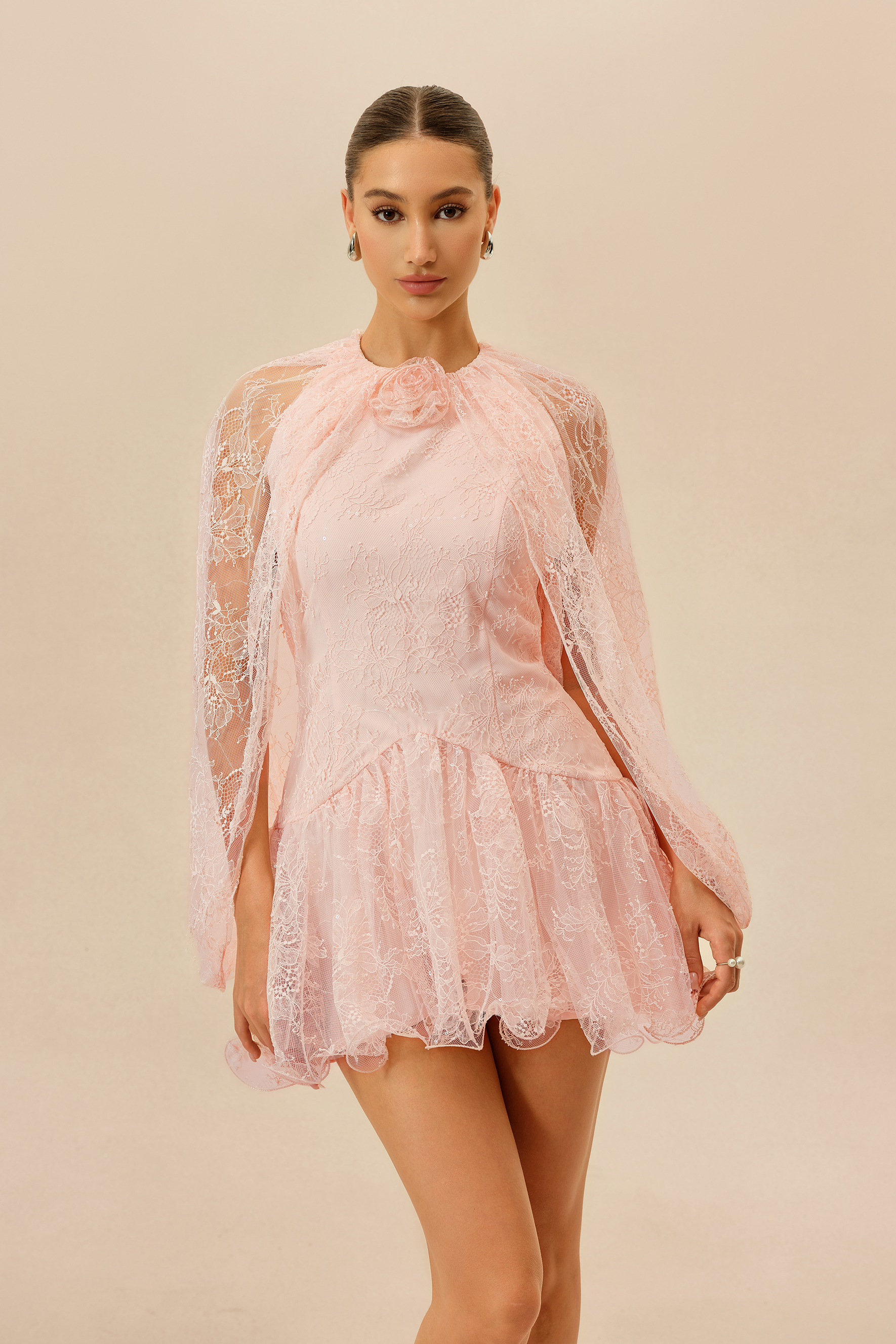 Sunday Stroll Pink Cape Sleeve Floral Lace Mini Dress