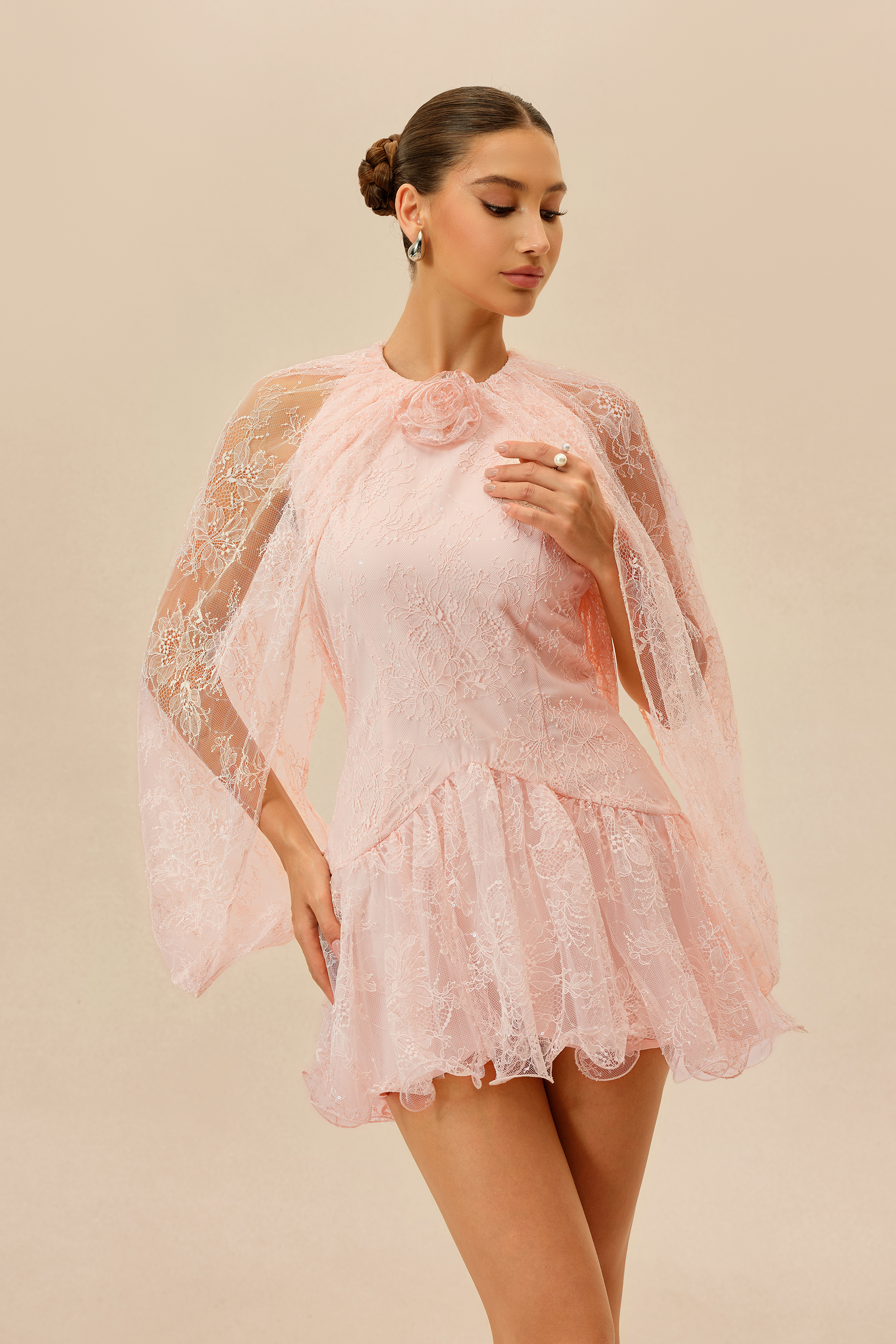 Sunday Stroll Pink Cape Sleeve Floral Lace Mini Dress