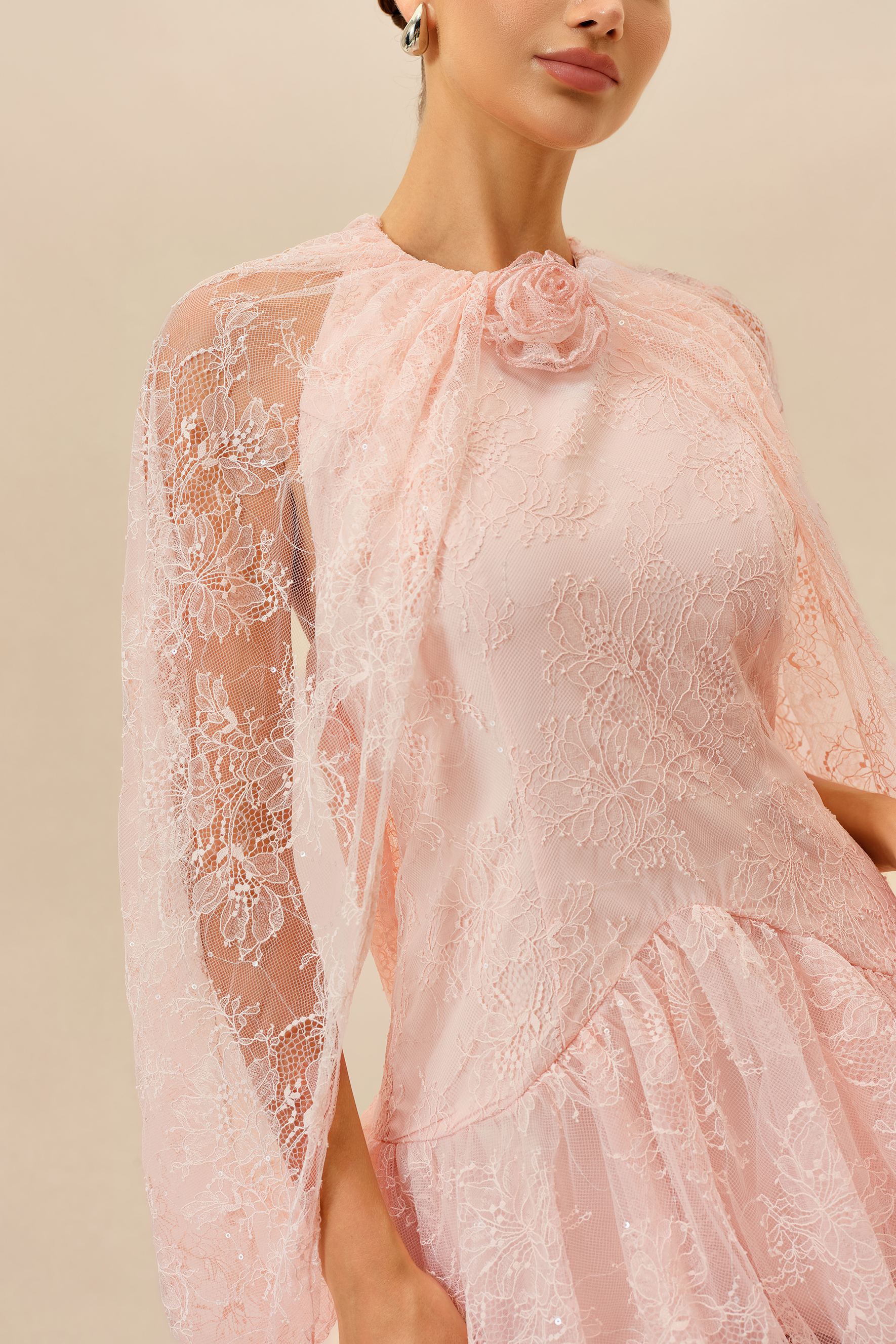 Sunday Stroll Pink Cape Sleeve Floral Lace Mini Dress