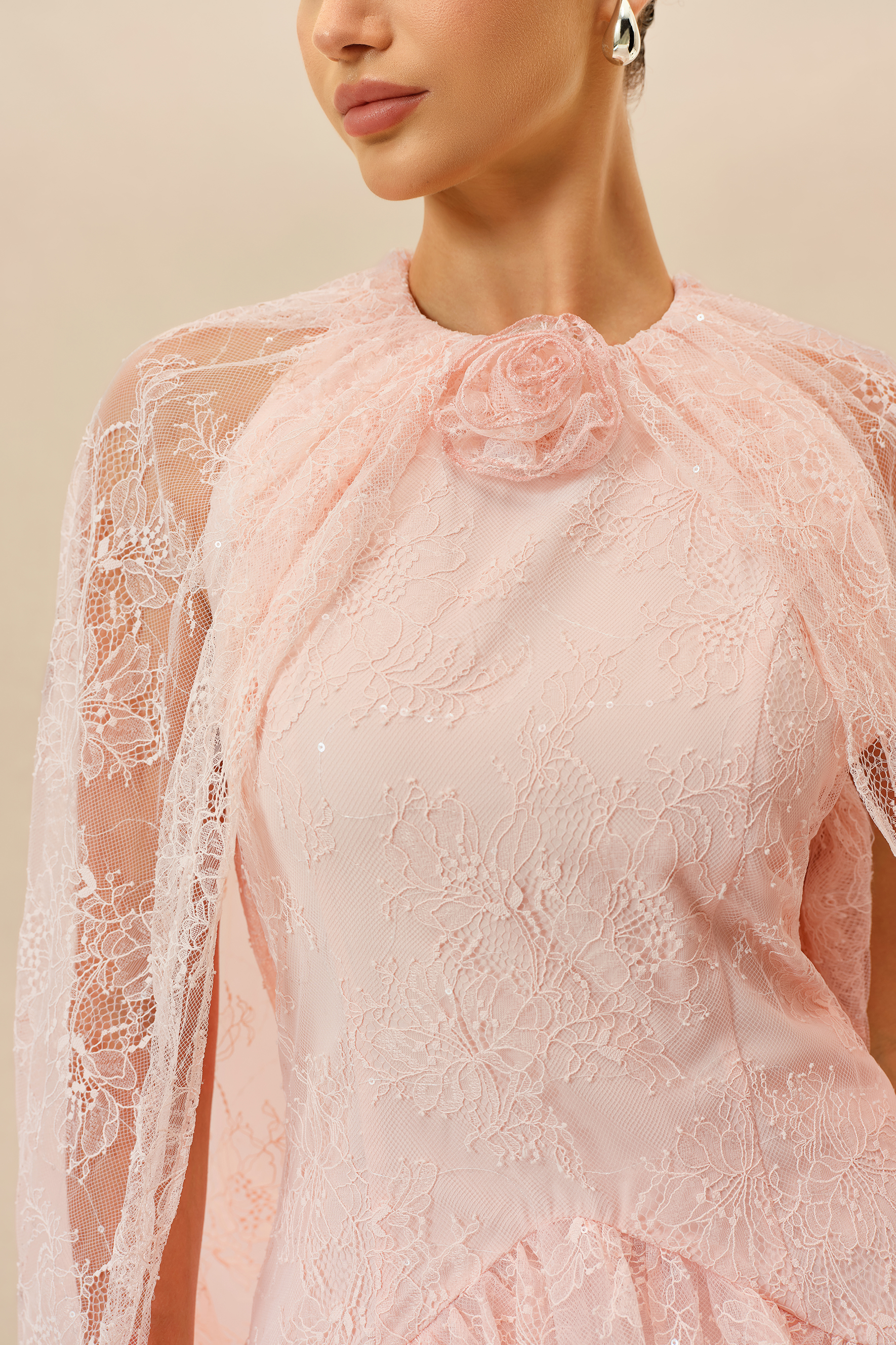 Sunday Stroll Pink Cape Sleeve Floral Lace Mini Dress