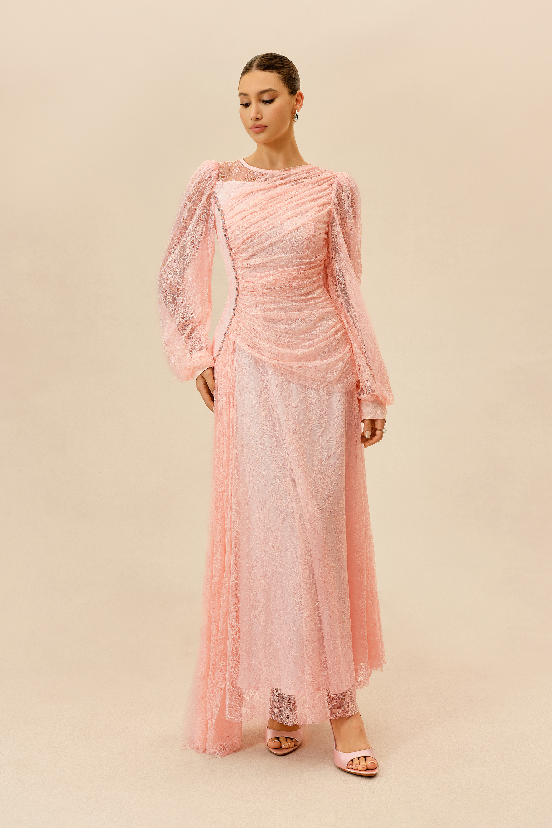 Irresistible Charm Pink Ruched Bodice Sheer Lace Maxi Dress