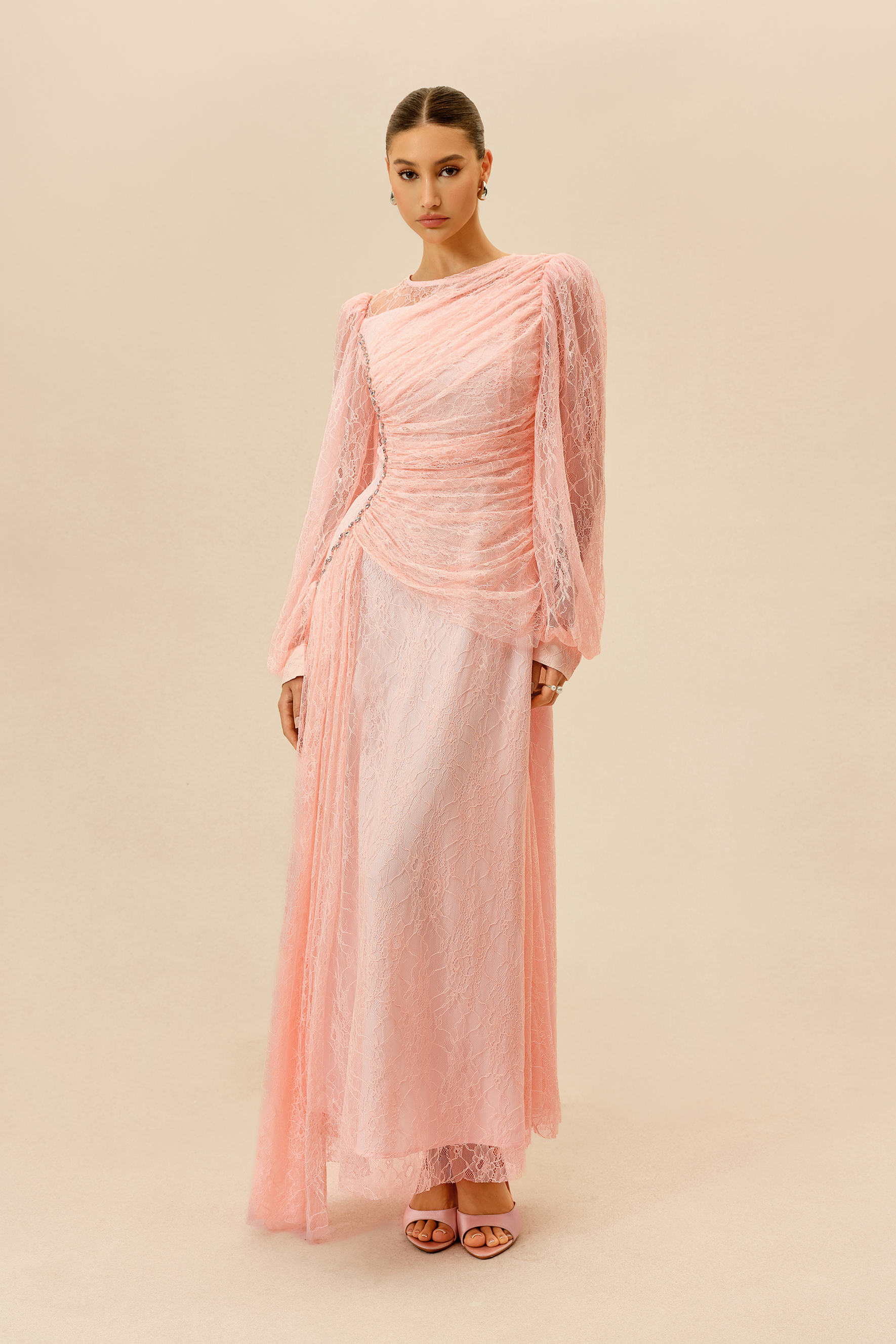 Irresistible Charm Pink Ruched Bodice Sheer Lace Maxi Dress
