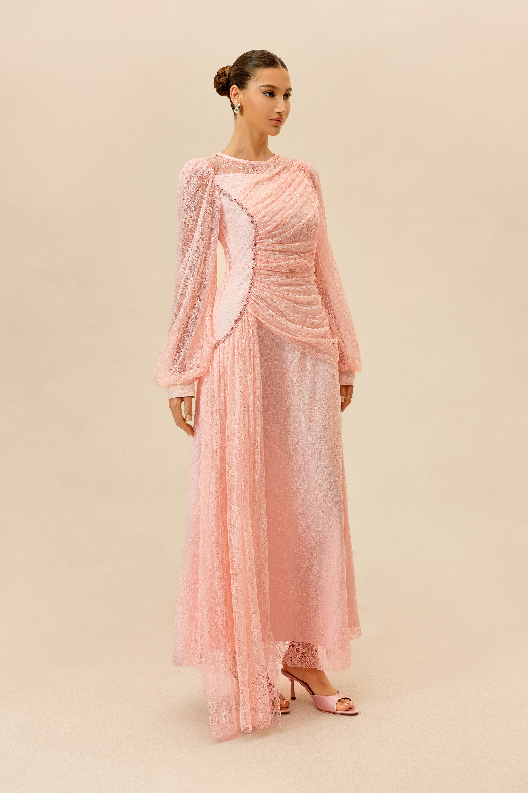 Irresistible Charm Pink Ruched Bodice Sheer Lace Maxi Dress