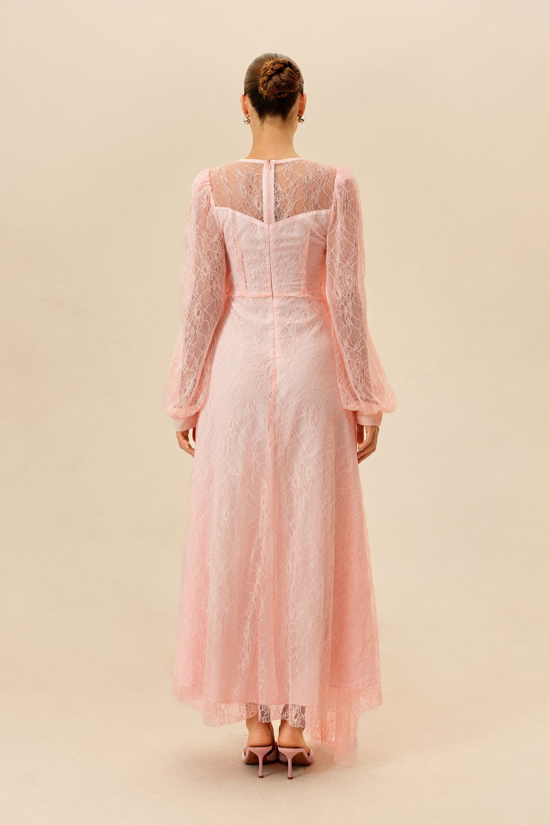 Irresistible Charm Pink Ruched Bodice Sheer Lace Maxi Dress